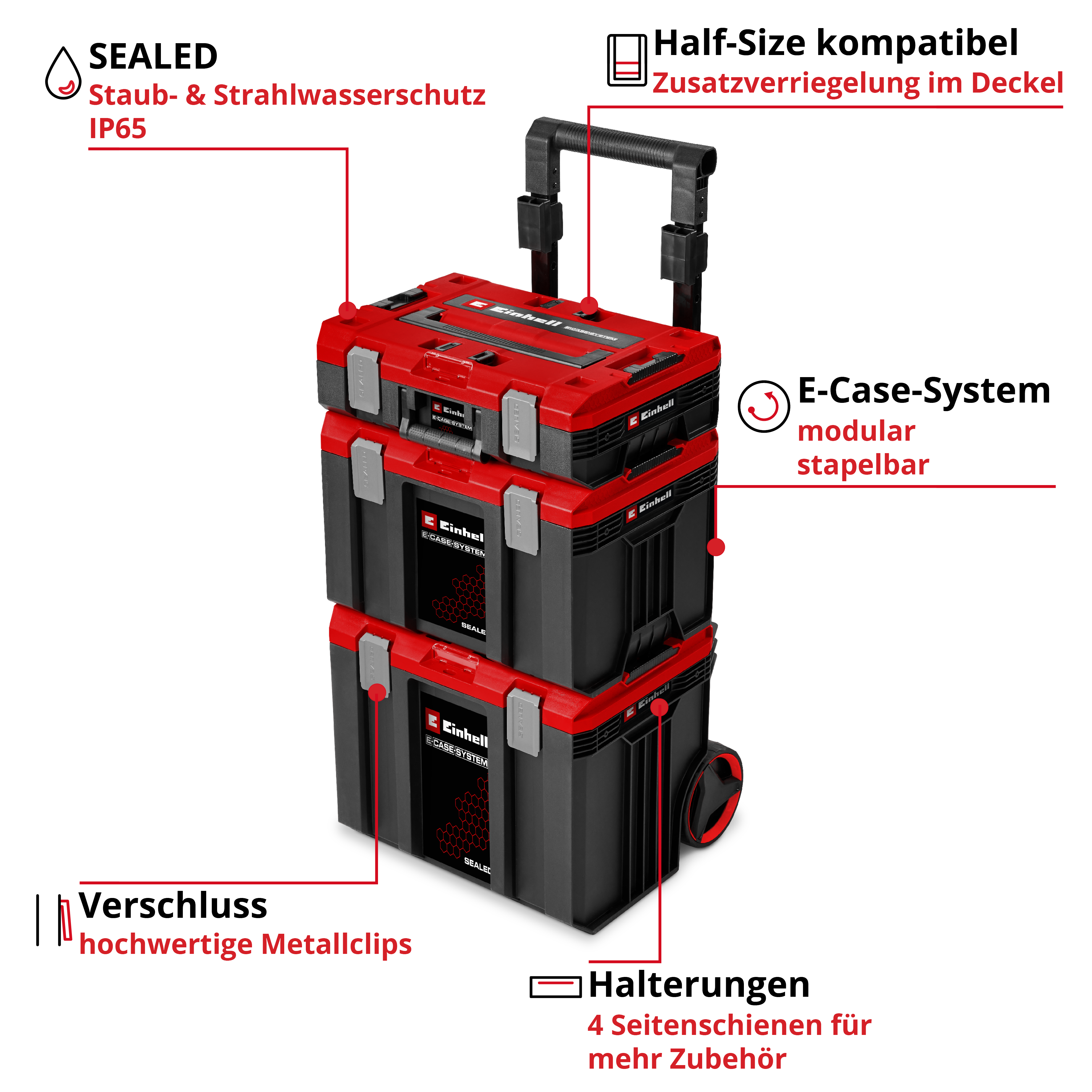 Roter und schwarzer Werkzeugkasten mit Rollen, modular und stapelbar.