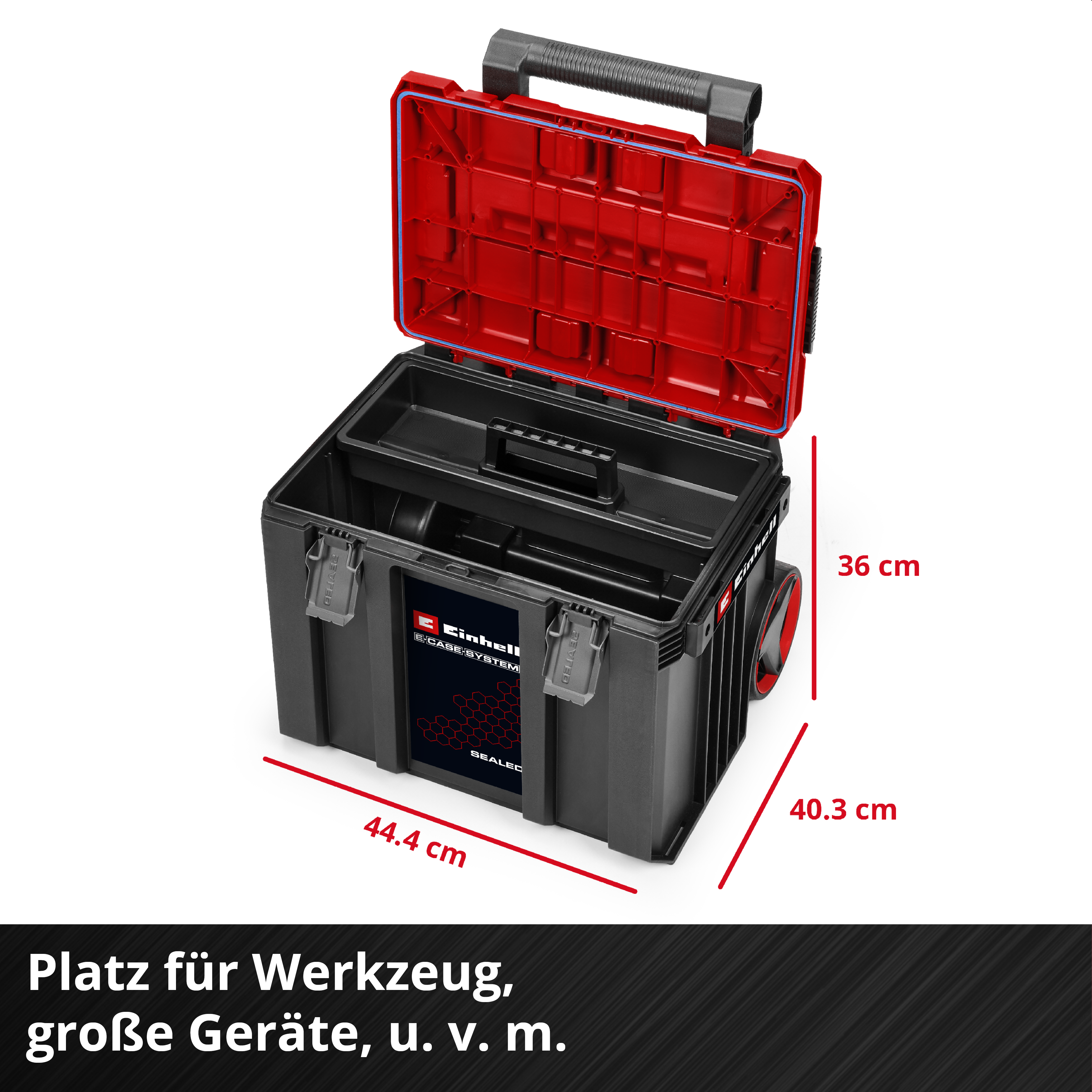 Ein schwarzer Werkzeugkasten mit rotem Deckel. Maße sind angegeben.