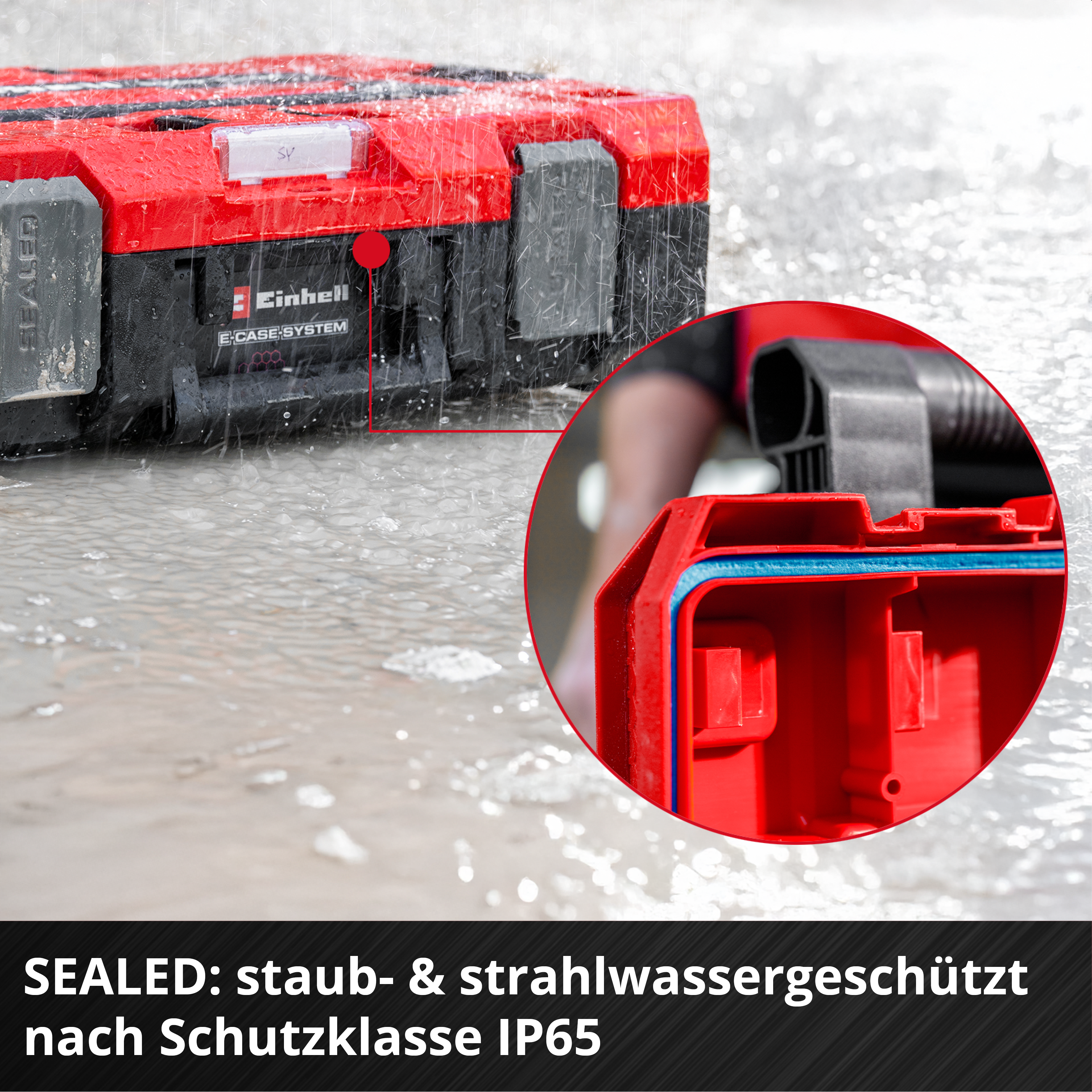 Roter und schwarzer Werkzeugkasten mit Wasser darauf, IP65-zertifiziert.