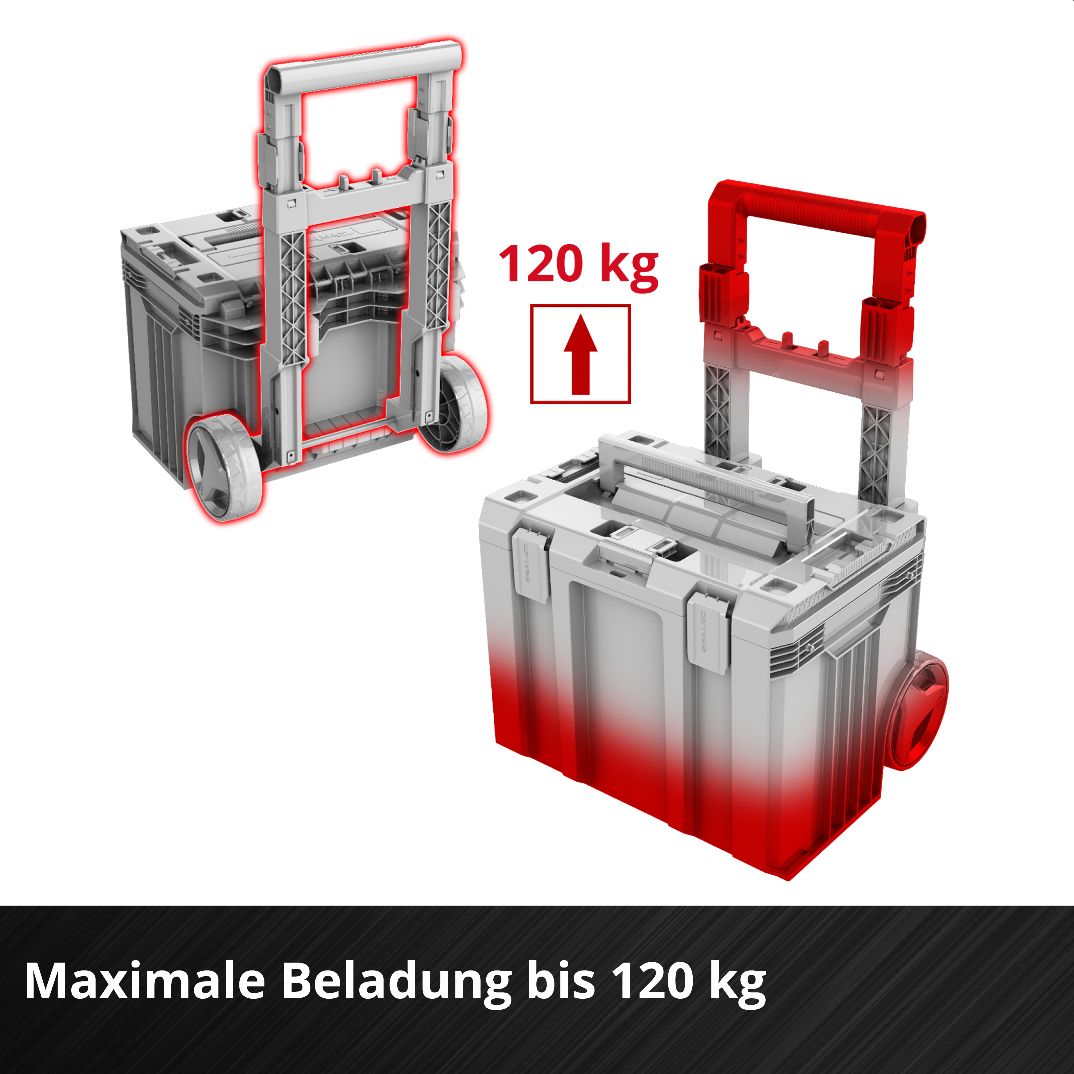 Graue Transportbox auf Rädern, maximal 120 kg belastbar.
