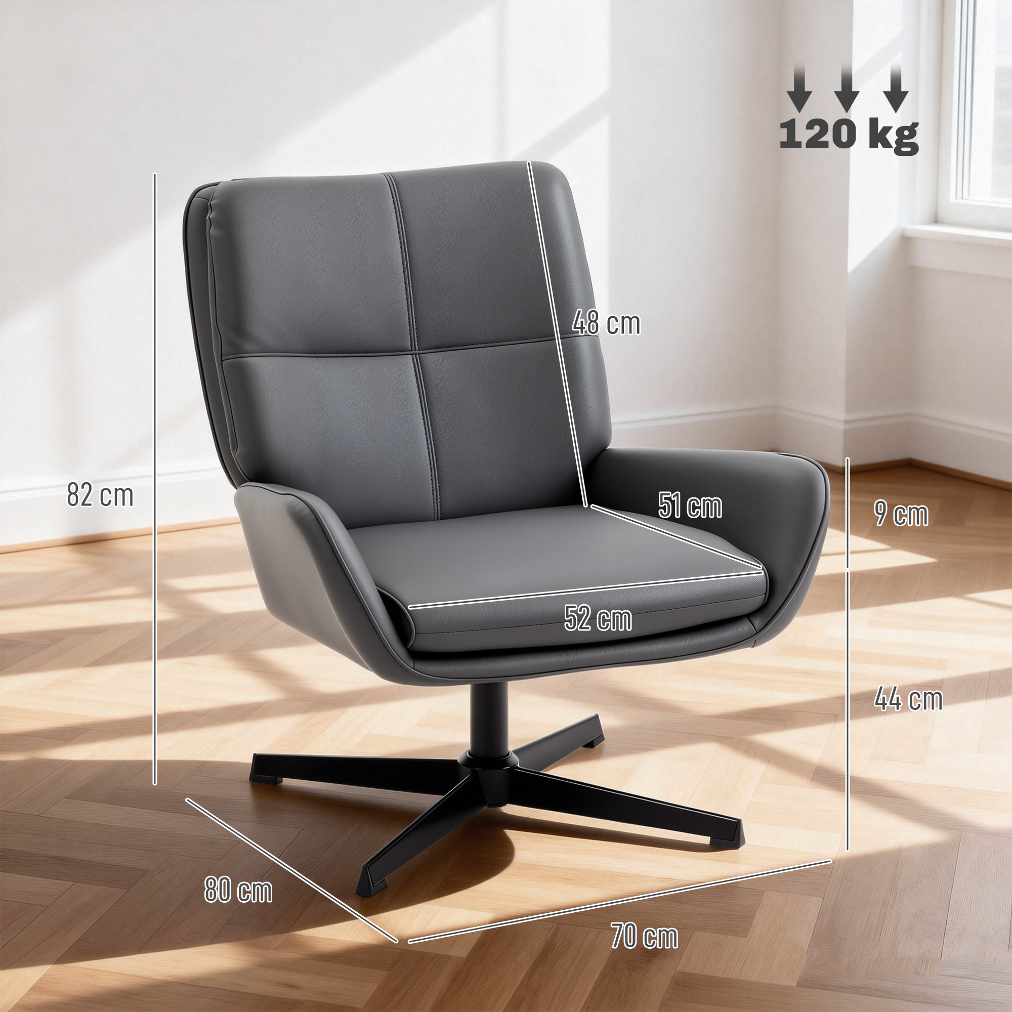 Silla giratoria gris con dimensiones: 82cm alto, 52cm ancho, 51cm prof. Max 120kg.