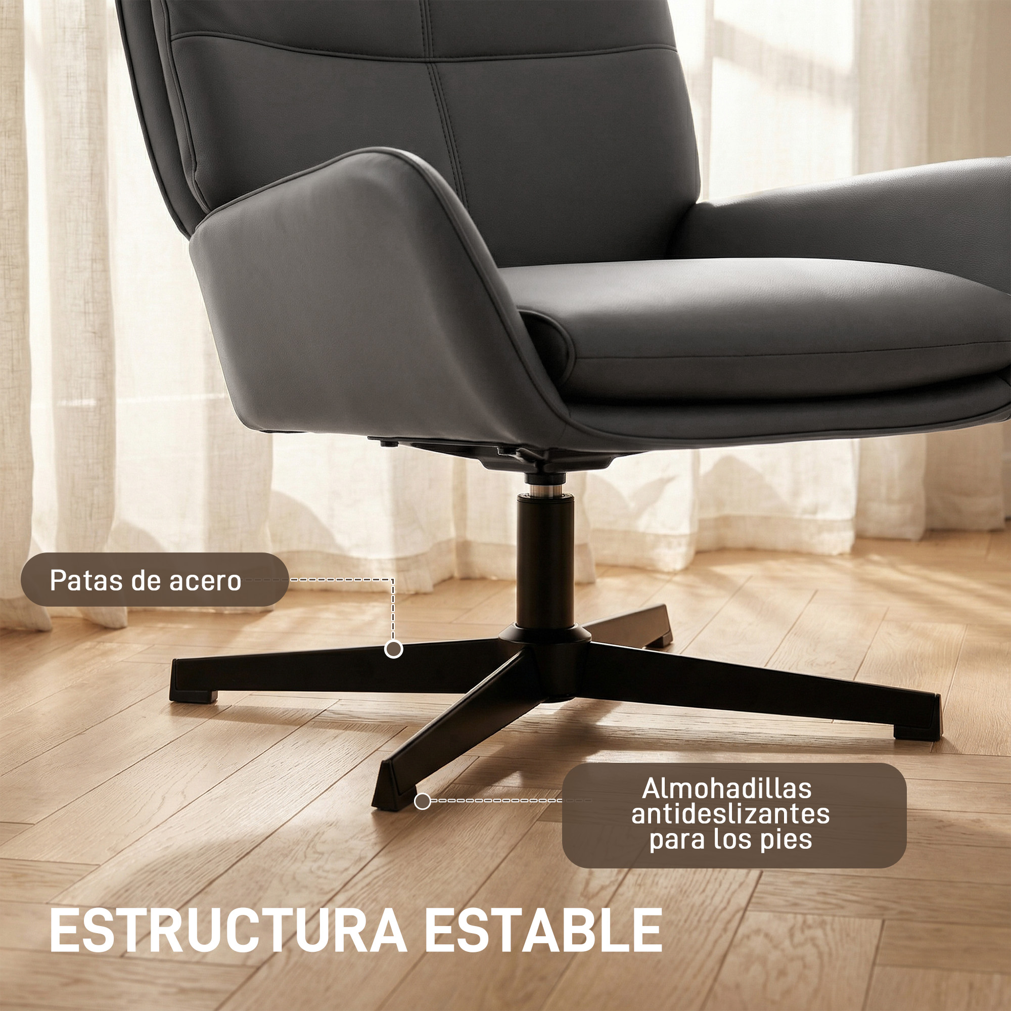 Silla de oficina gris con base metálica y pies antideslizantes.