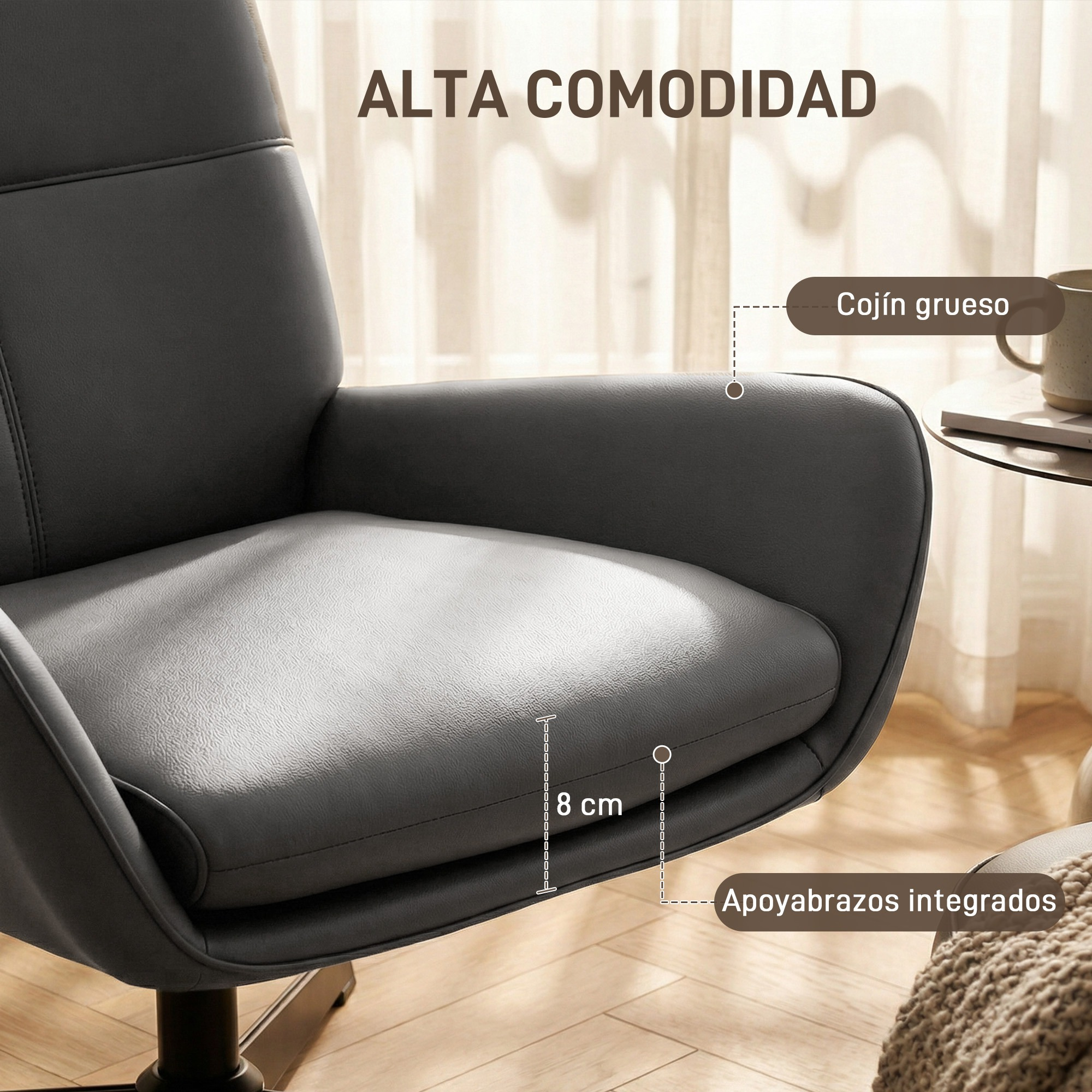 Una silla de oficina gris con cojines gruesos y reposabrazos integrados.
