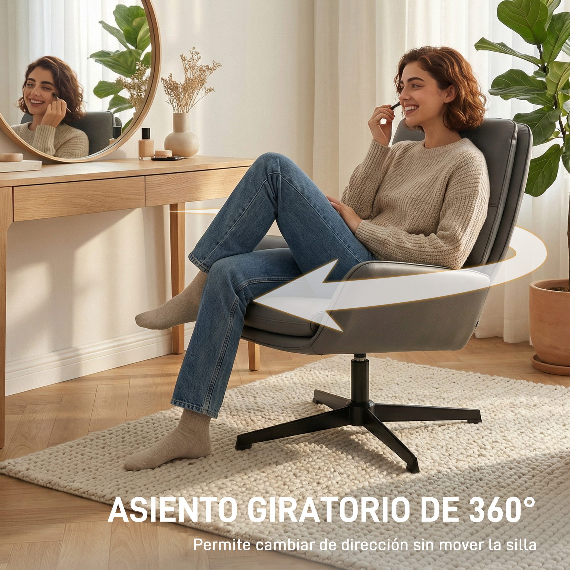 Una mujer sentada en silla de oficina gris se maquilla. Flecha indica rotación de 360 grados.