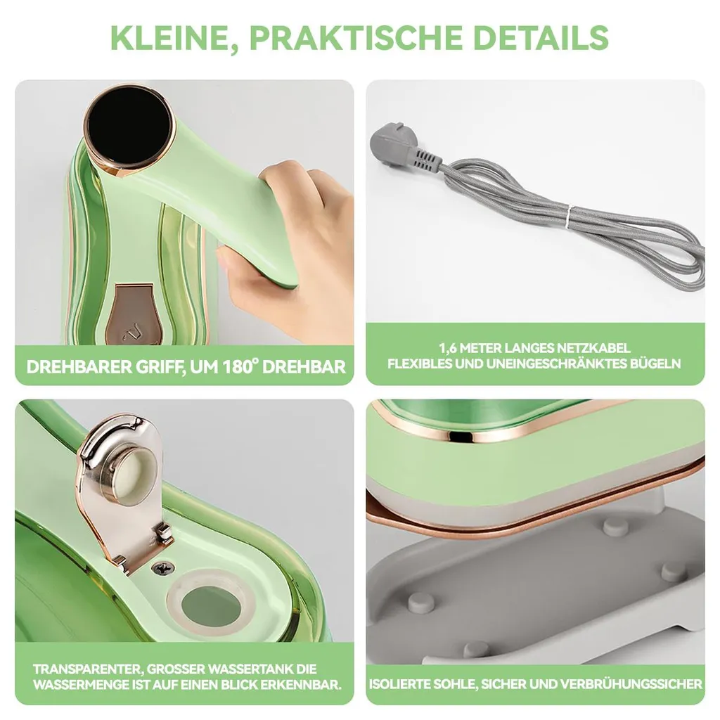 Vier Detailansichten eines grünen Dampfbügeleisens: drehbarer Griff, Kabel, Wassertank, Sohle.