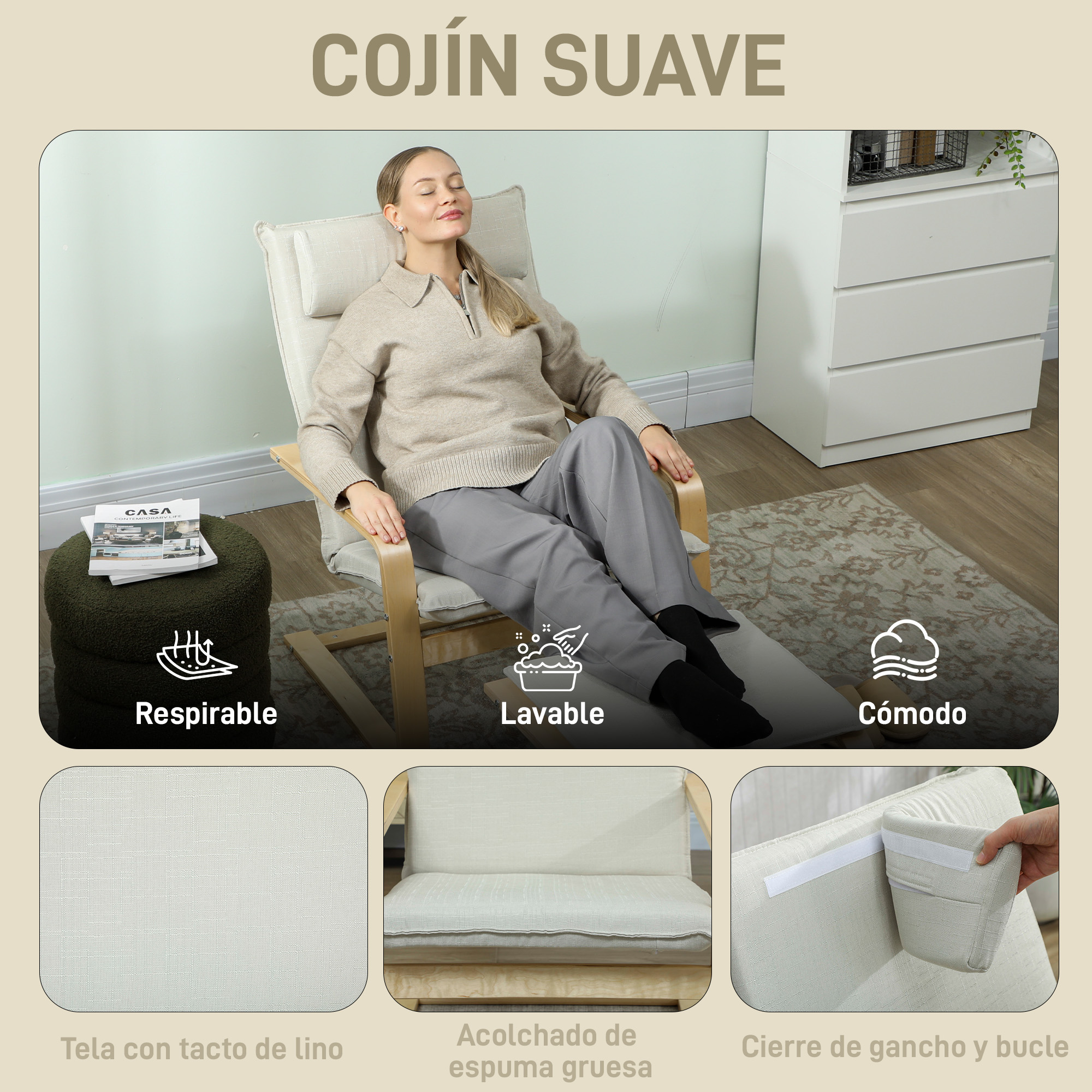 Mujer relajándose en silla con cojines suaves. Primeros planos muestran tela, acolchado y cierre.