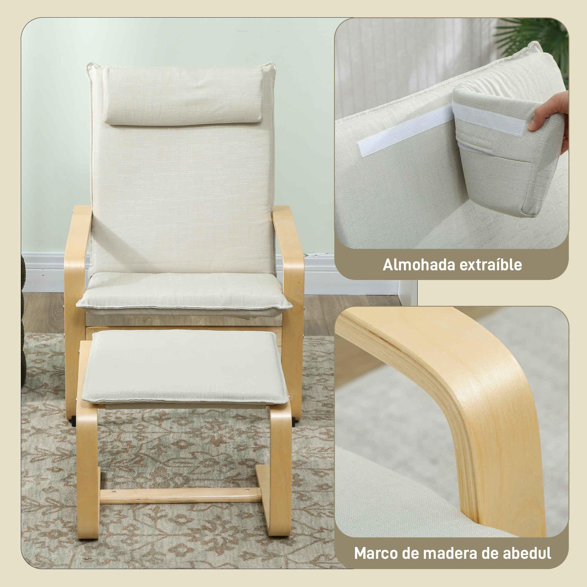 Sillón beige con otomana y marco de madera, cojín cervical extraíble.