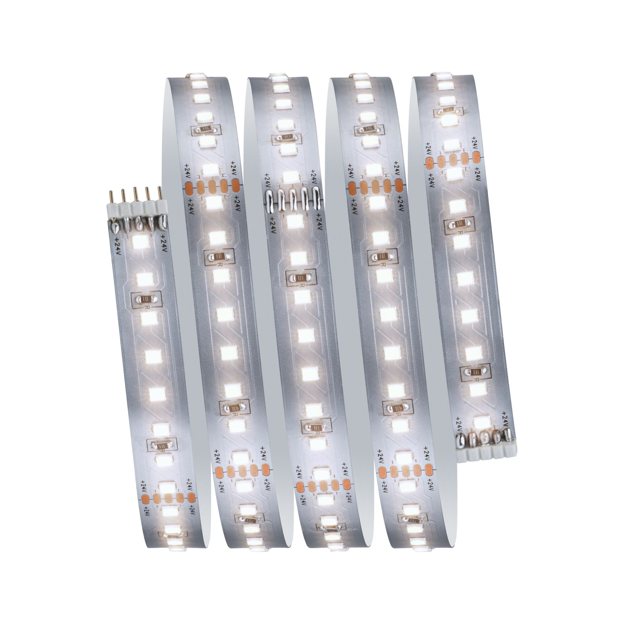 Eine Rolle von weißen LED-Streifen mit sichtbaren Komponenten und Beschriftungen.
