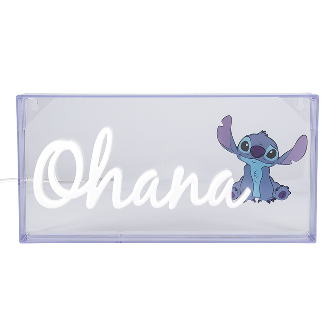 Przezroczyste pudełko z napisem "Ohana" i postacią Stitcha.