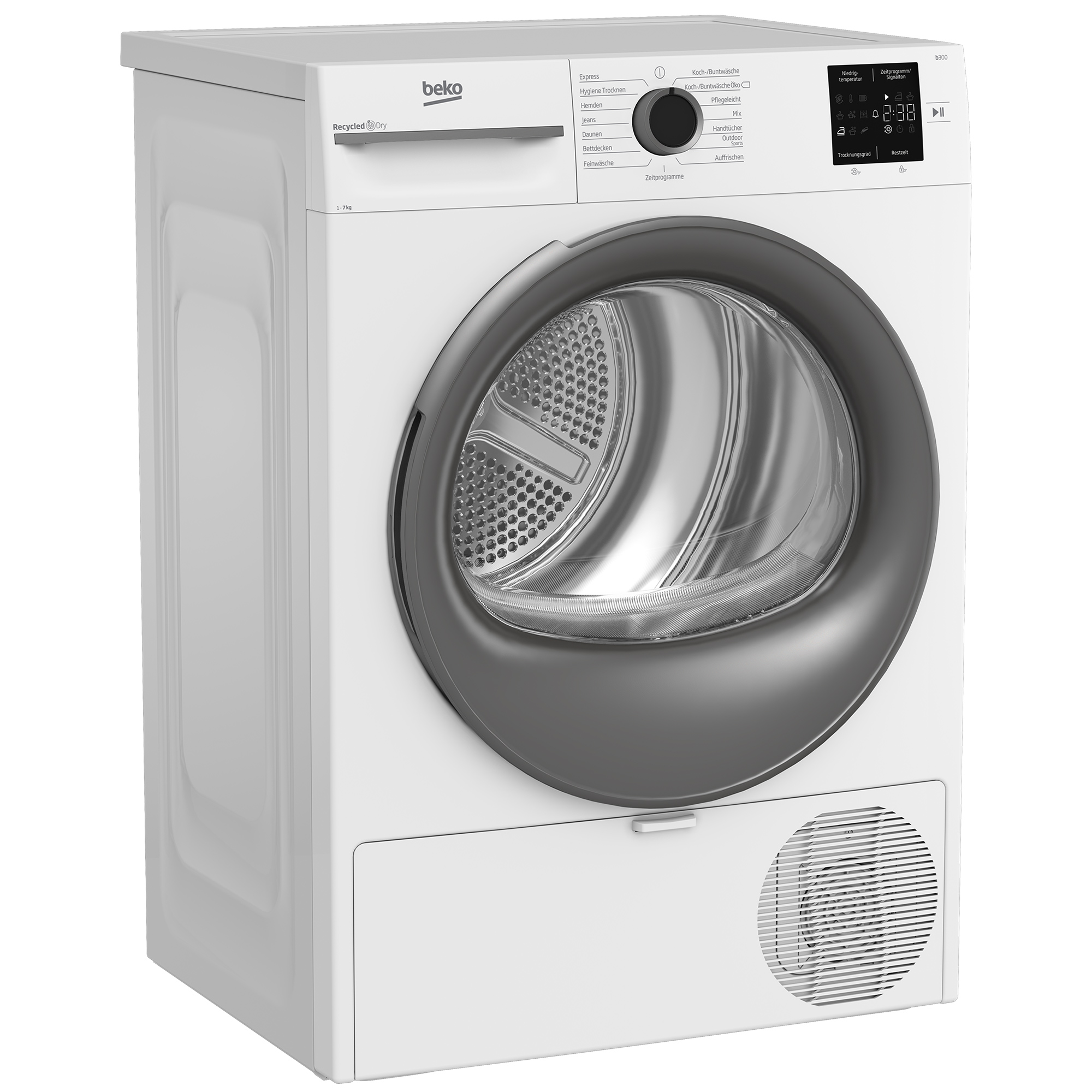 Weiße Beko Wäschetrockner mit großer runder Tür und digitalem Display.