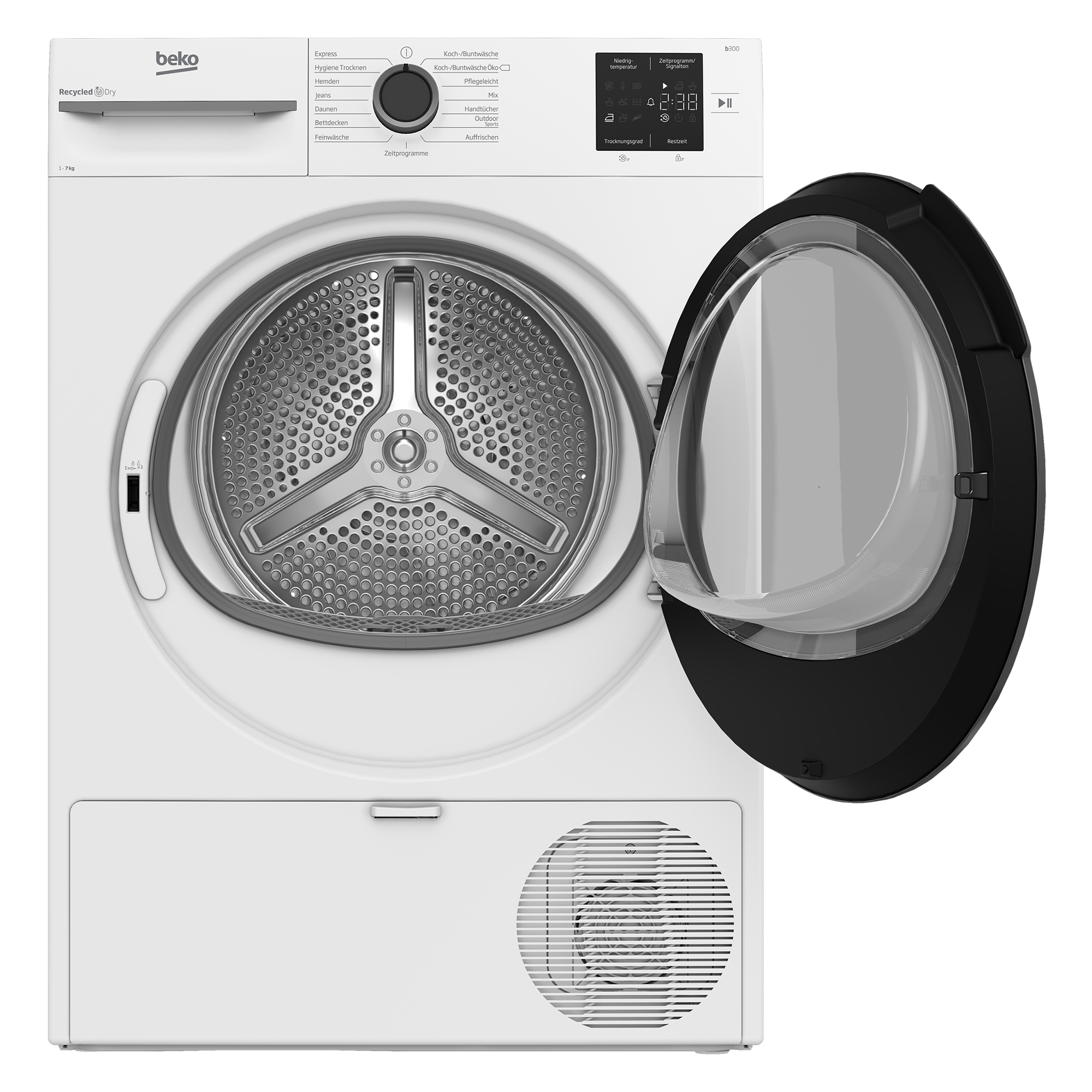 Ein weißer Beko Wäschetrockner mit geöffneter Tür und silberner Trommel.