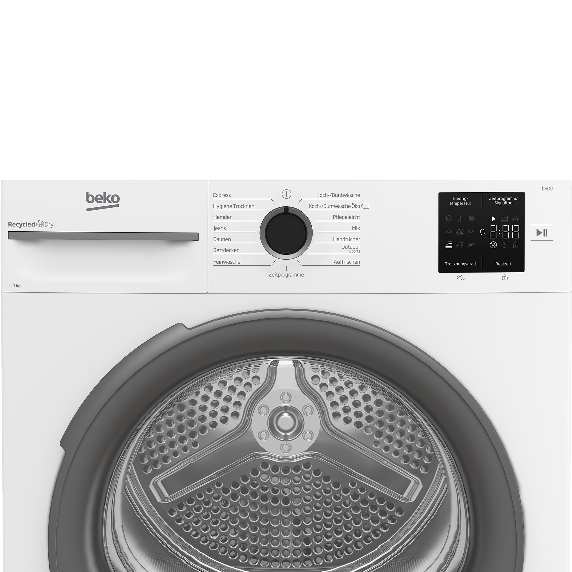Weiße Beko Waschmaschine mit digitalem Display und Programmwahlknopf.