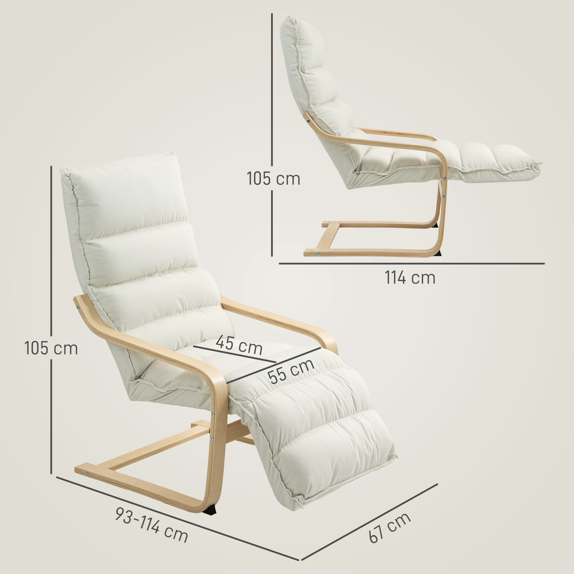 Un sillón reclinable beige con marco de madera, mostrando dimensiones.