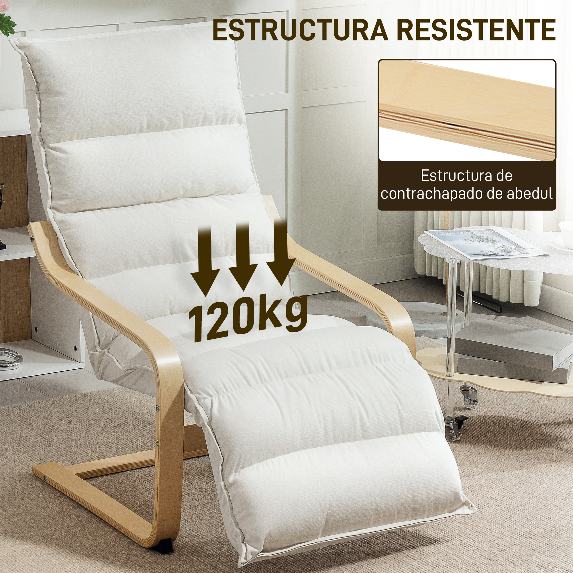 Un sillón blanco con estructura de madera, que indica una capacidad de 120 kg.