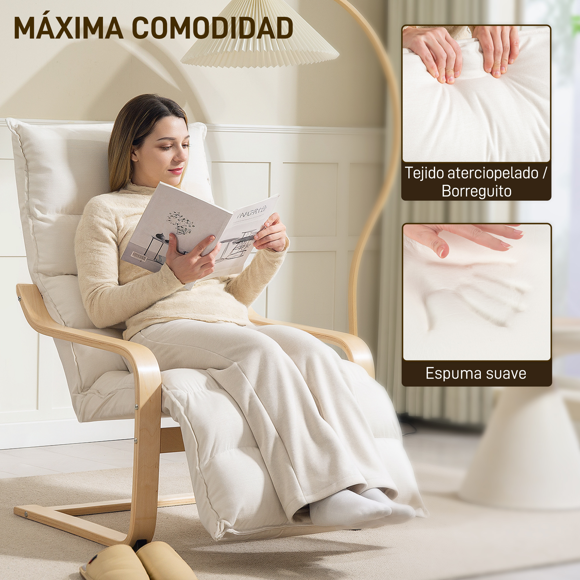 Mujer lee un libro en un sillón cómodo con tela suave y marco de madera.