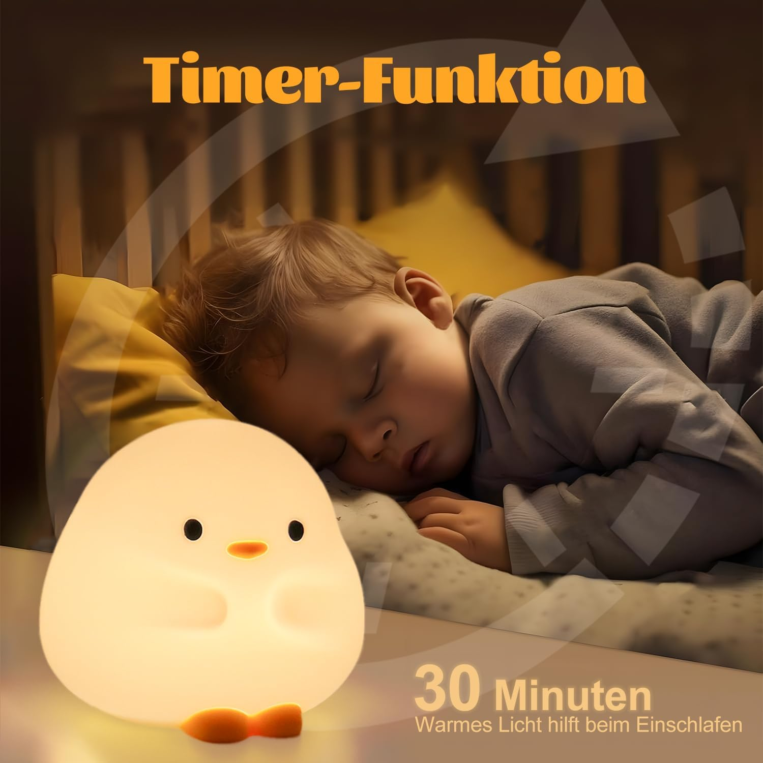 Ein gelbes Kükenlicht leuchtet neben einem schlafenden Kind im Bett.
