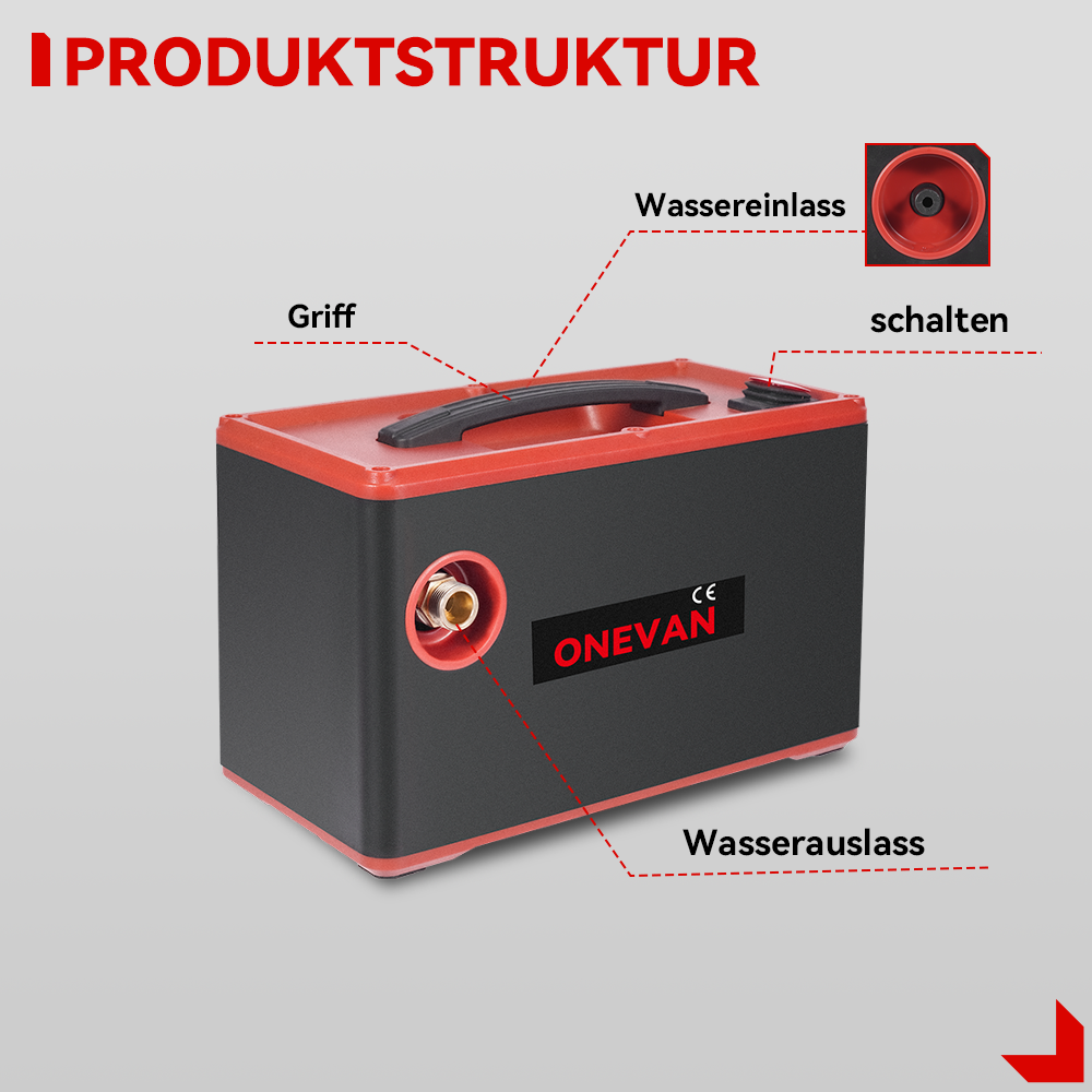 Ein schwarzer und roter Kasten mit Griff, Wassereinlass, Wasserauslass und Schalter.