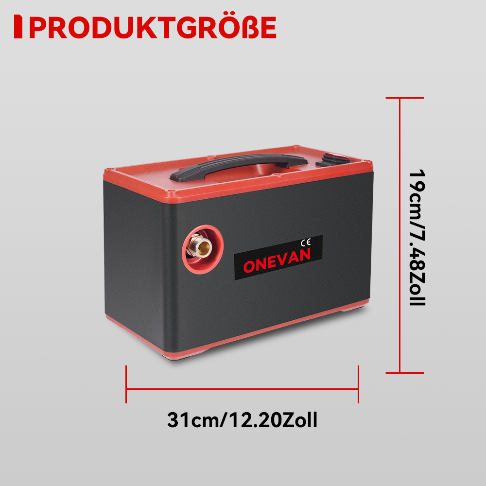 Schwarze Box mit rotem Griff und Rand, 31x19cm.