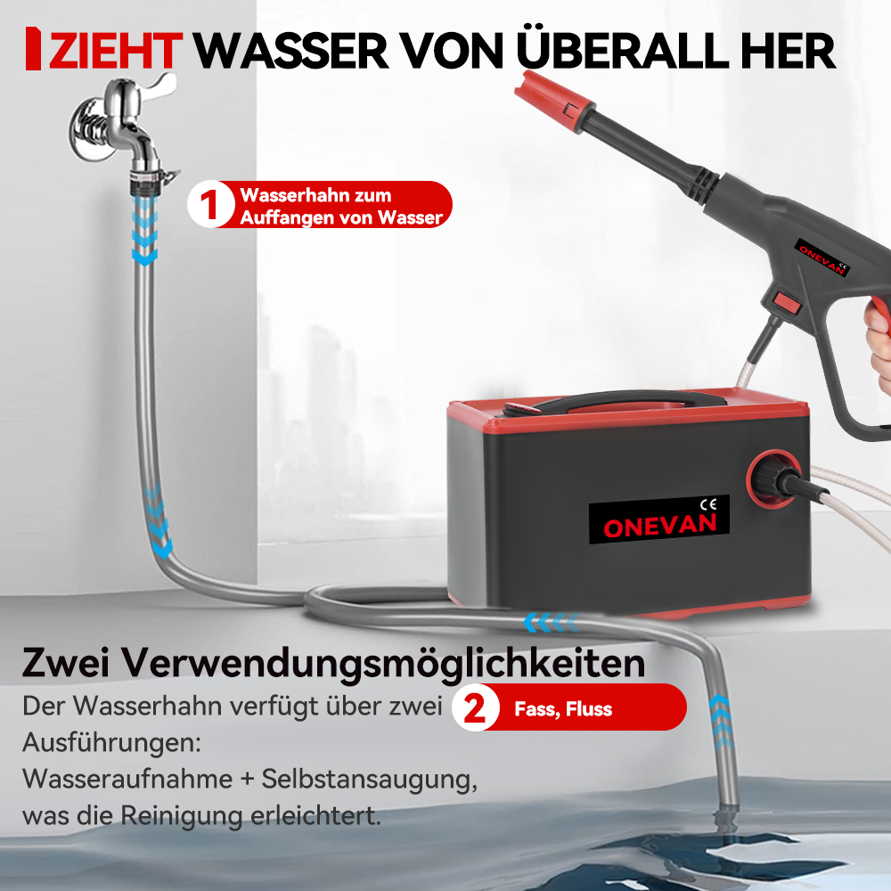 Ein Wasserschlauch verbindet einen Wasserhahn mit einer schwarzen und roten Pumpe.