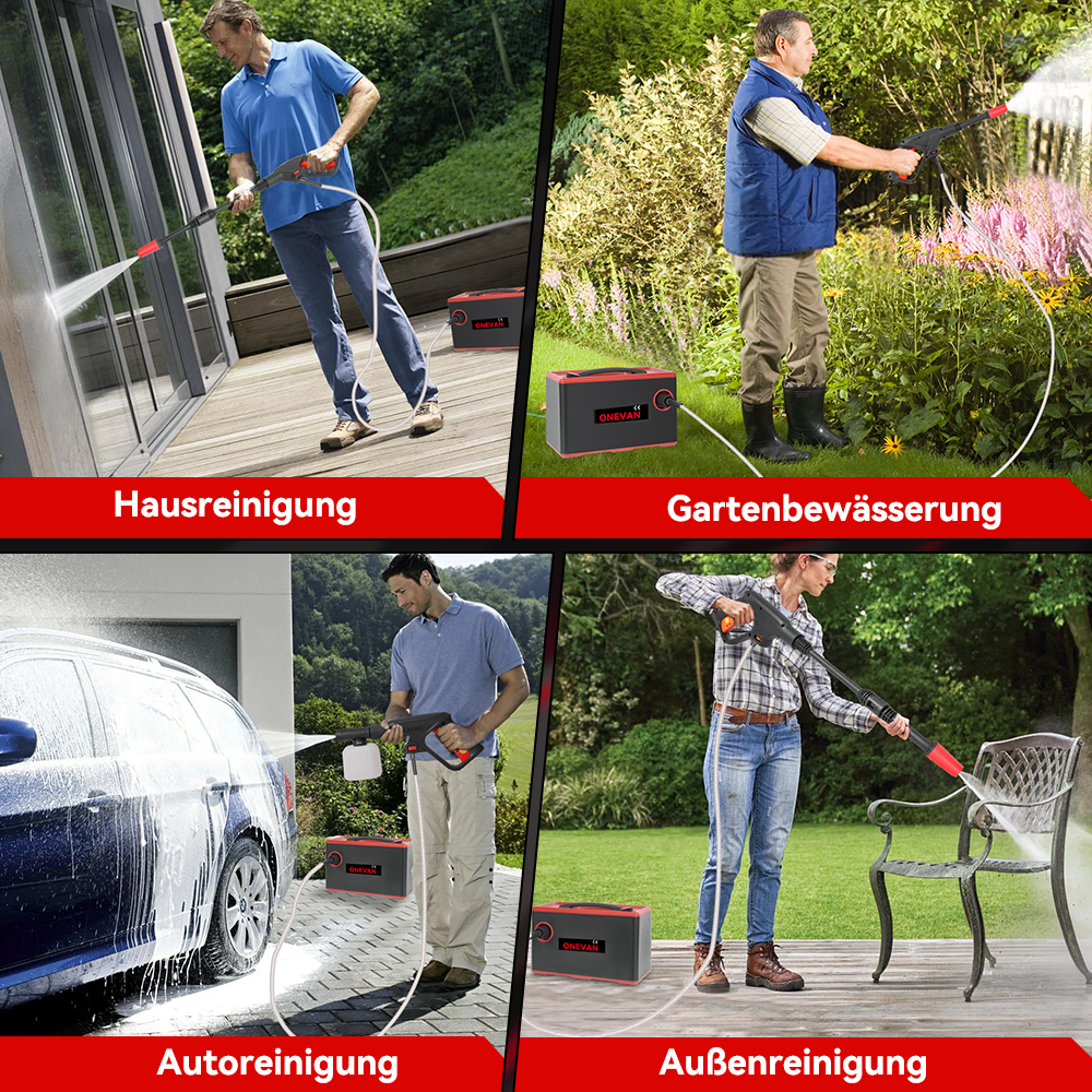 Vier Szenen zeigen Hochdruckreiniger im Einsatz: Haus-, Garten-, Auto- und Außenreinigung.