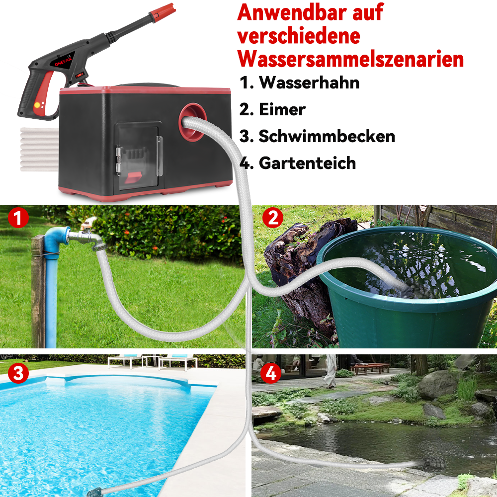 Ein Wassersauger-Set mit Pistole, Einheit und vier Anwendungsszenarien: Wasserhahn, Eimer, Pool, Teich.