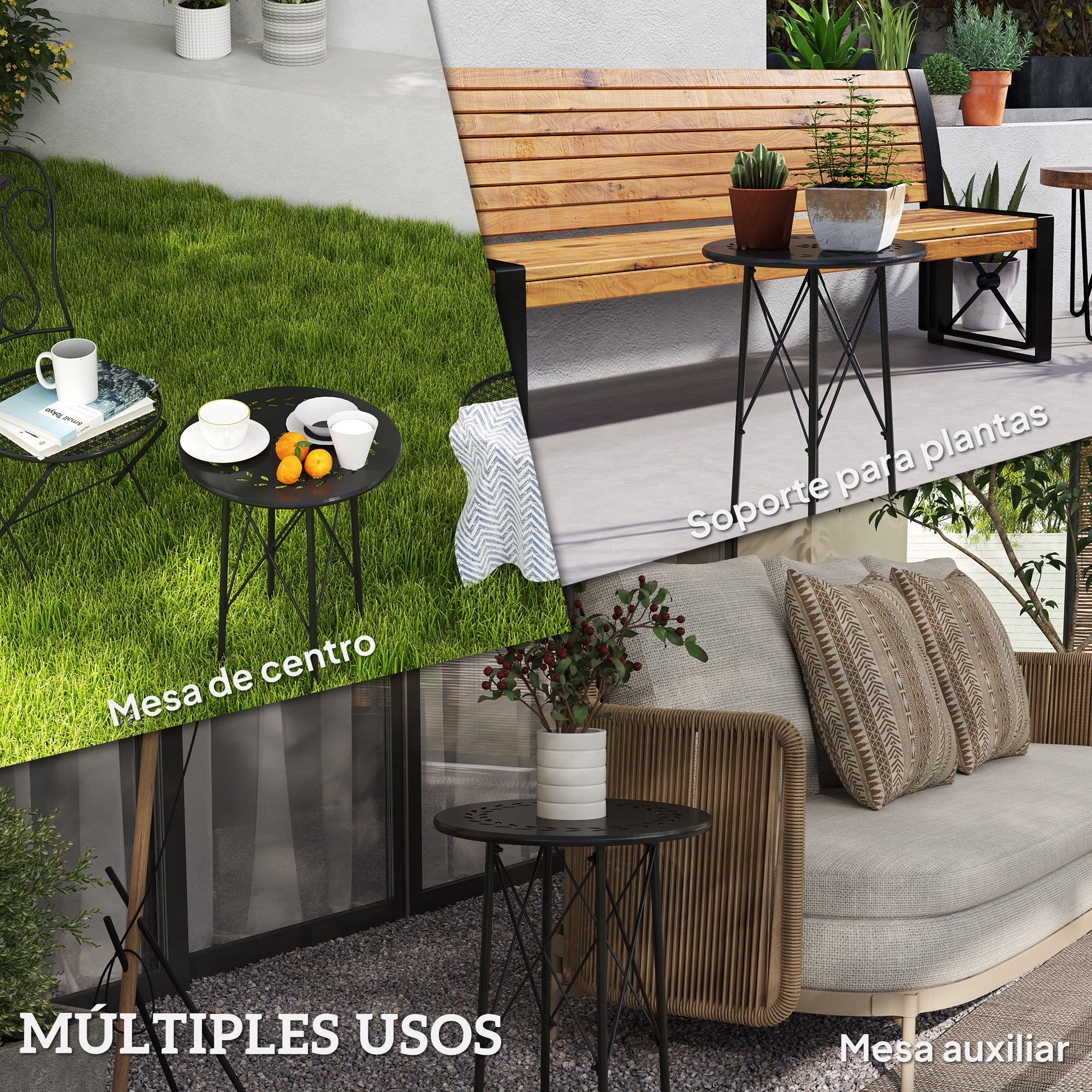 Cuatro escenas muestran muebles de exterior: mesa en césped, mesa junto a banco, mesa para plantas, mesa auxiliar.