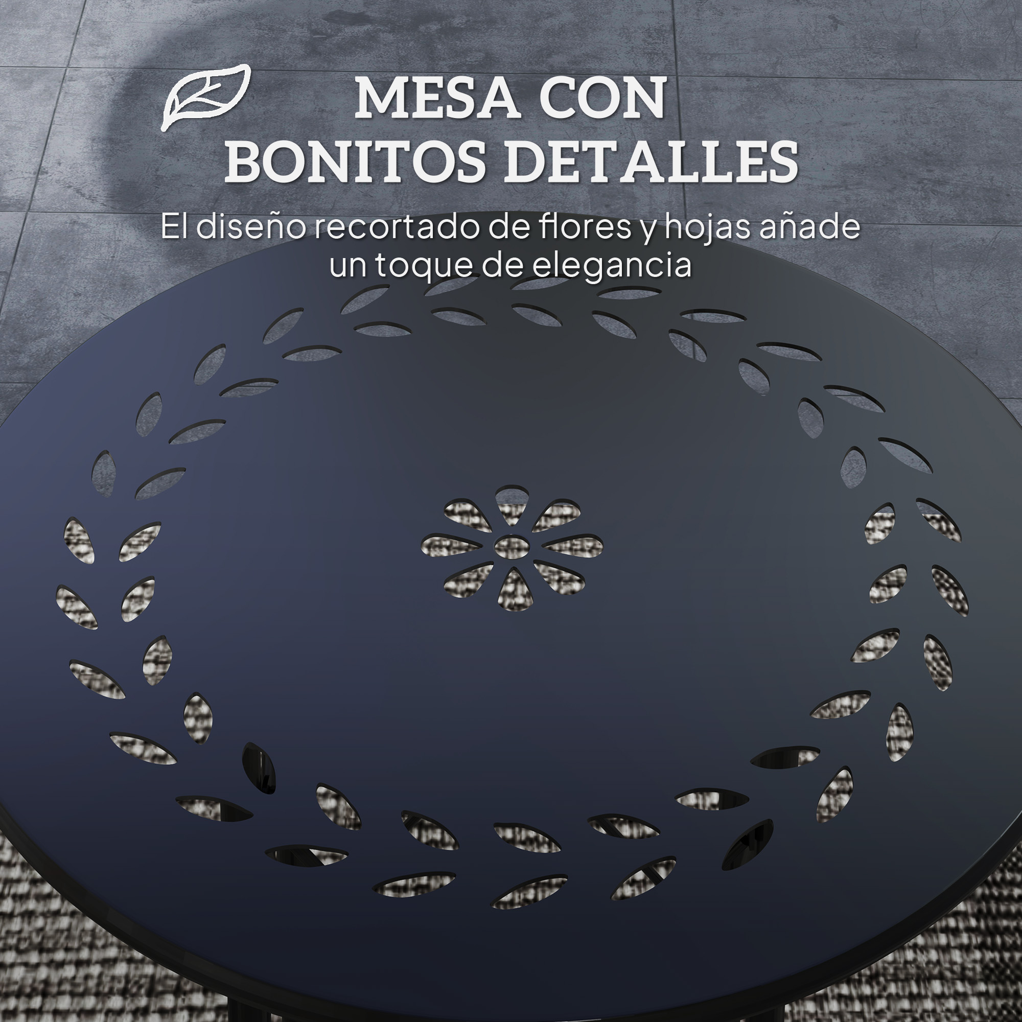 Mesa oscura con diseño recortado de flores y hojas sobre fondo gris.
