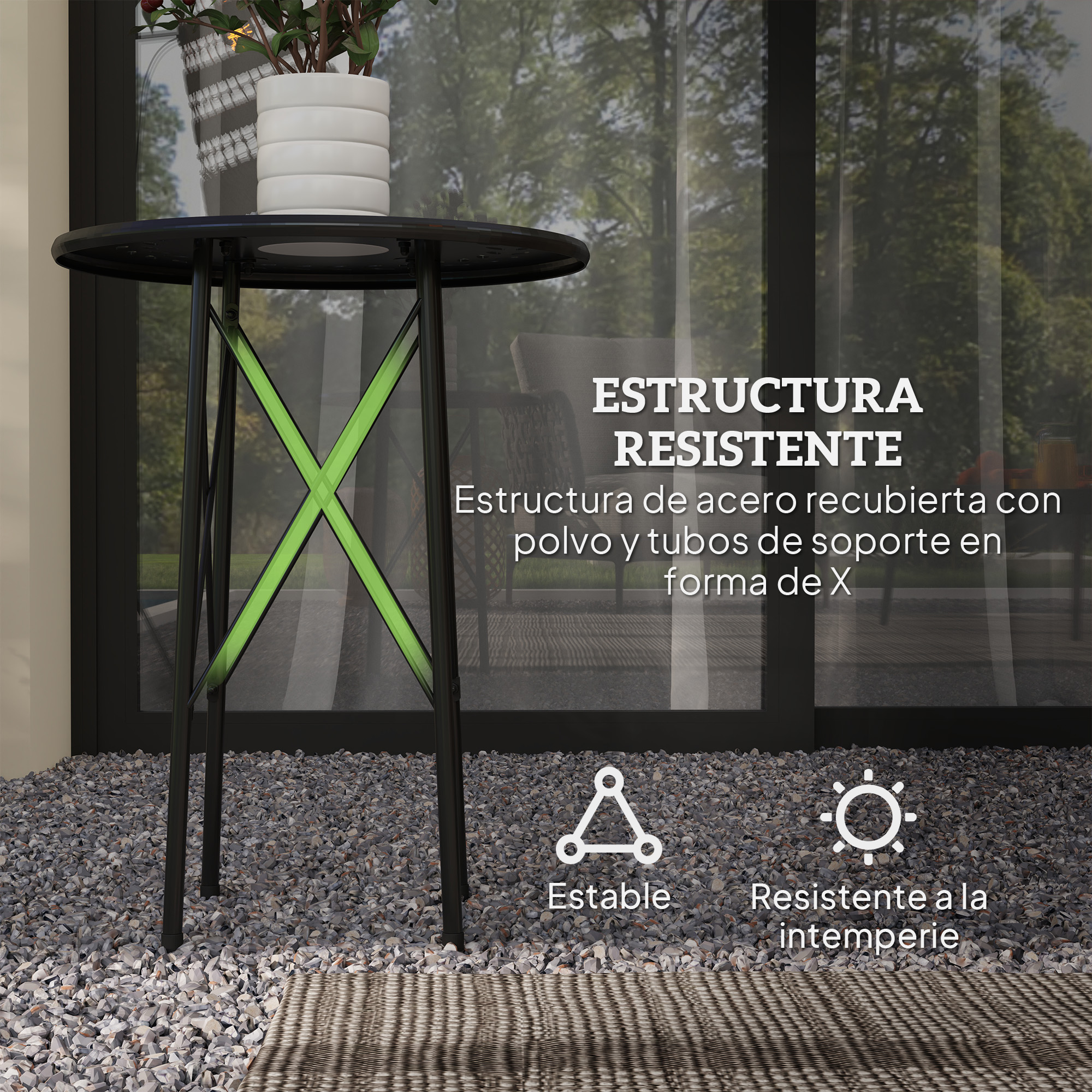 Mesa negra con estructura metálica verde en X sobre grava.