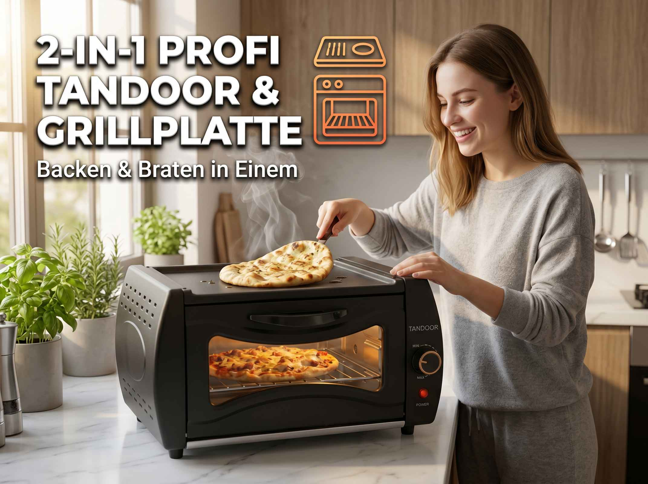 Eine Frau bereitet Naan-Brot auf einem Tandoor-Grill zu, während eine Pizza im Inneren backt.