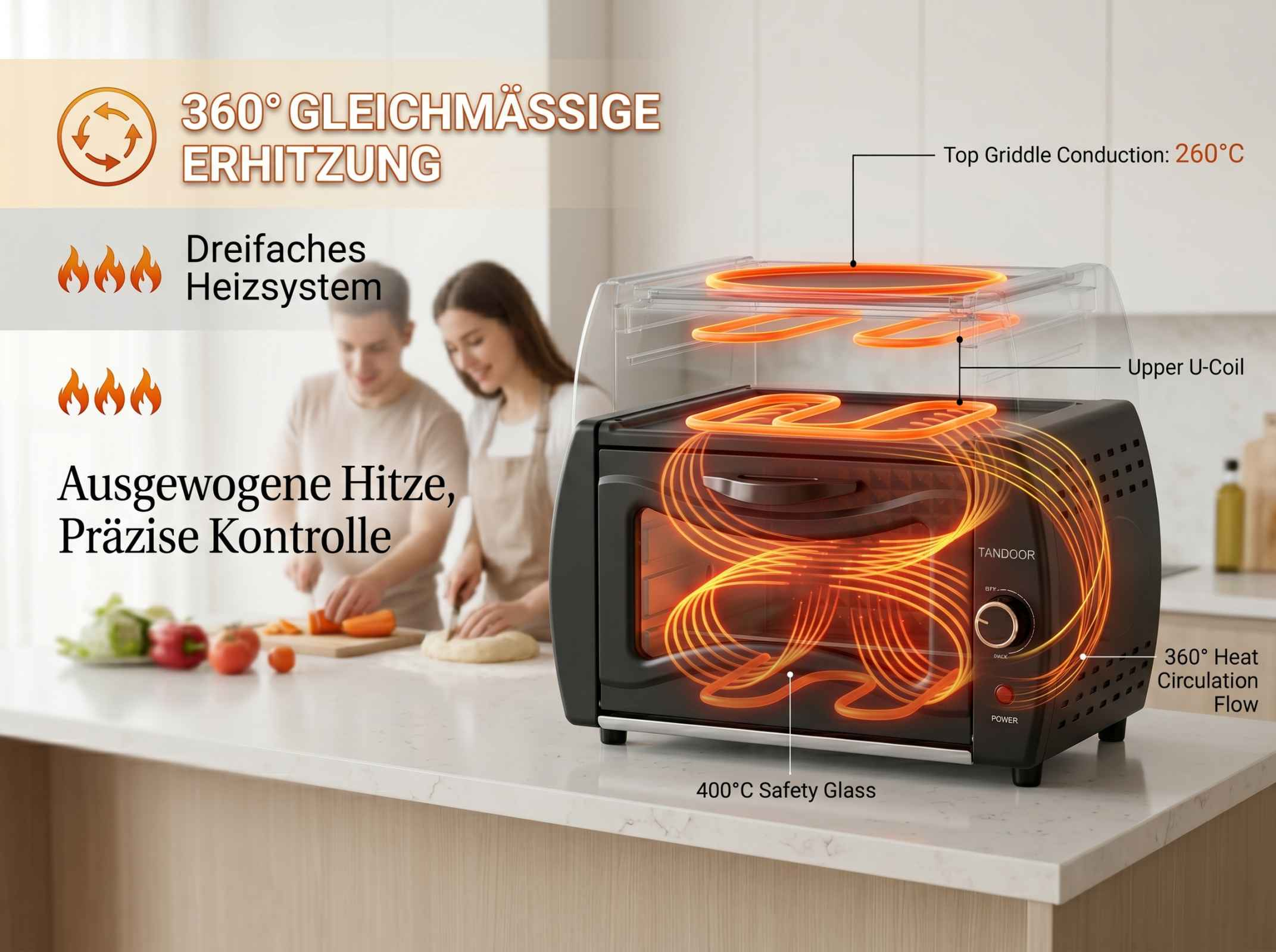 Ein Ofen mit Heizspiralen und Kochutensilien auf der Arbeitsplatte. 360° Heizung.