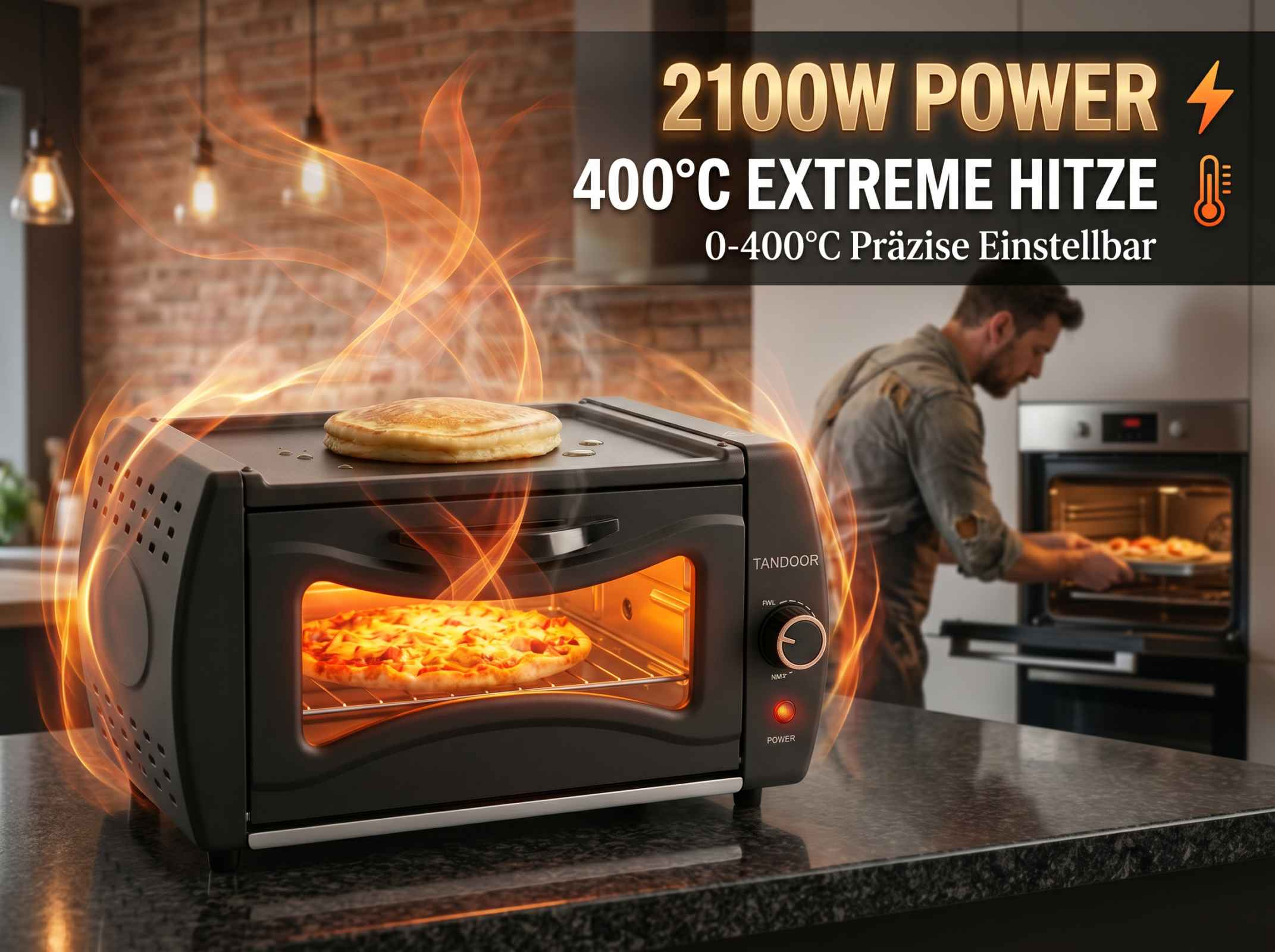 Ein Toaster-Ofen mit Pizza und Pfannkuchen, Flammeneffekt. Mann schiebt Blech in Ofen.