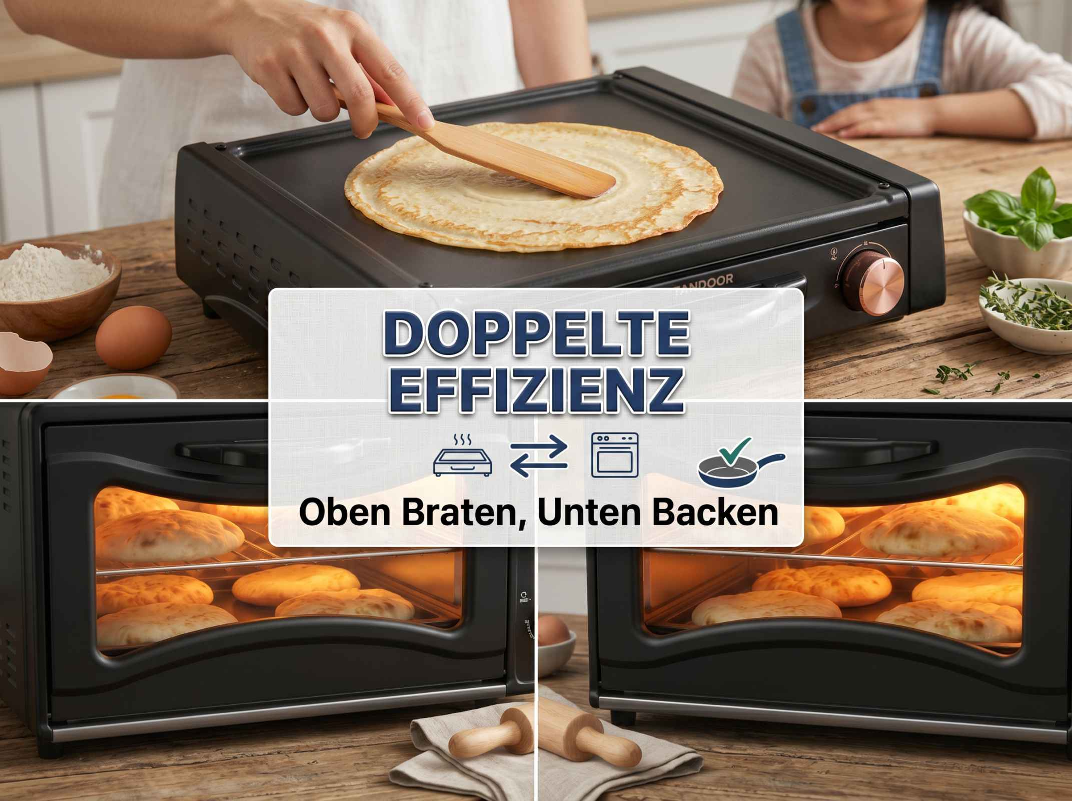 Ein Backofen mit Brot darin und ein Kochfeld mit Pfannkuchen.