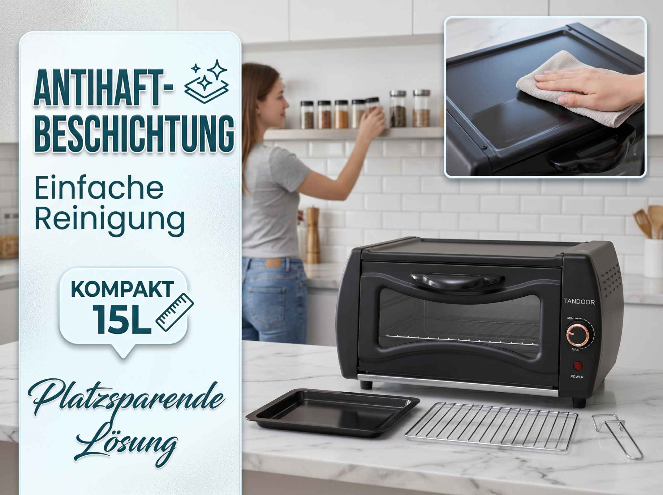Kompakter Ofen mit Antihaftbeschichtung, einfache Reinigung, 15L Kapazität.
