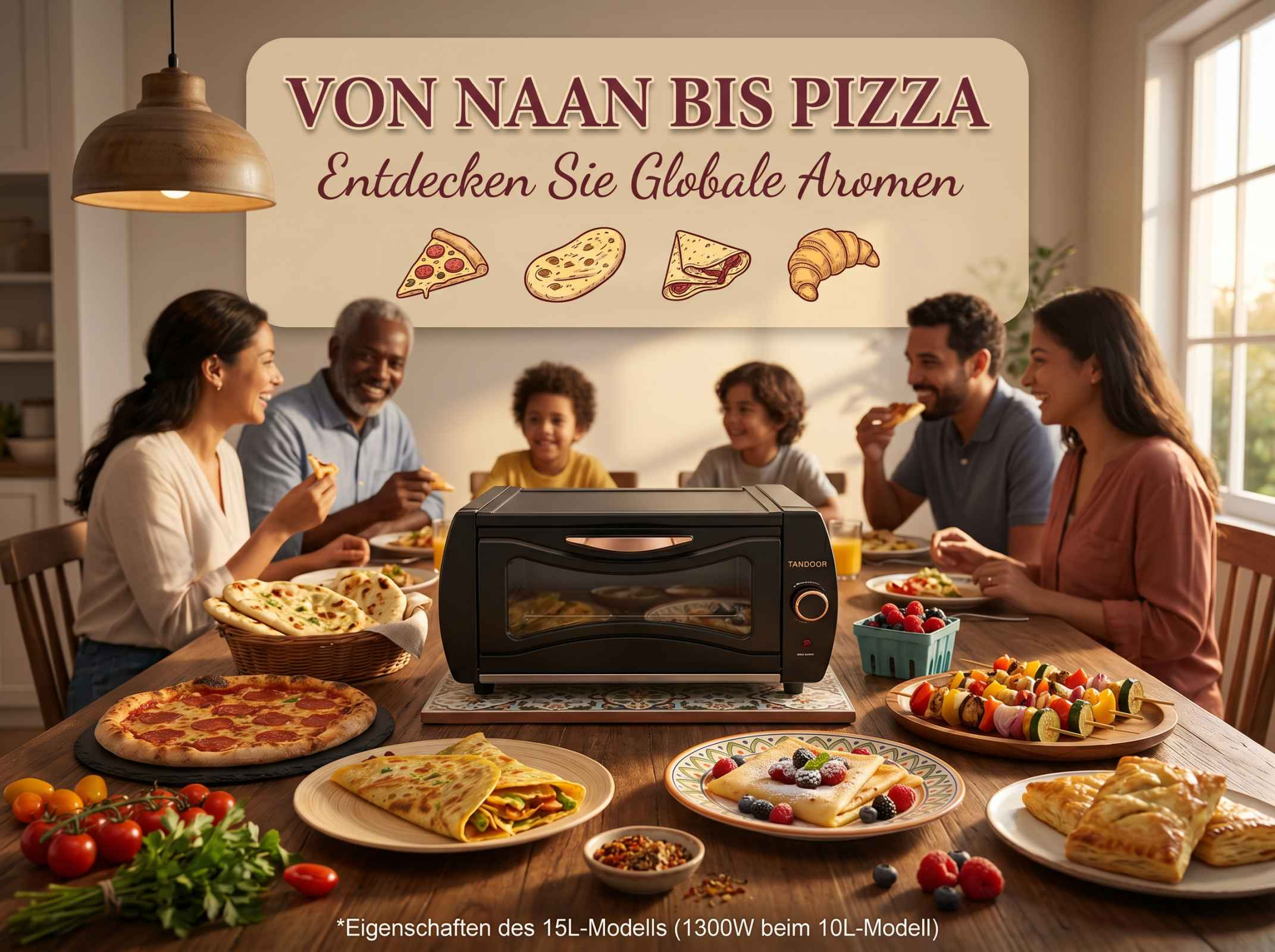 Familie isst an einem Holztisch mit Pizza, Naan und Spießen. Ein Ofen steht im Zentrum.