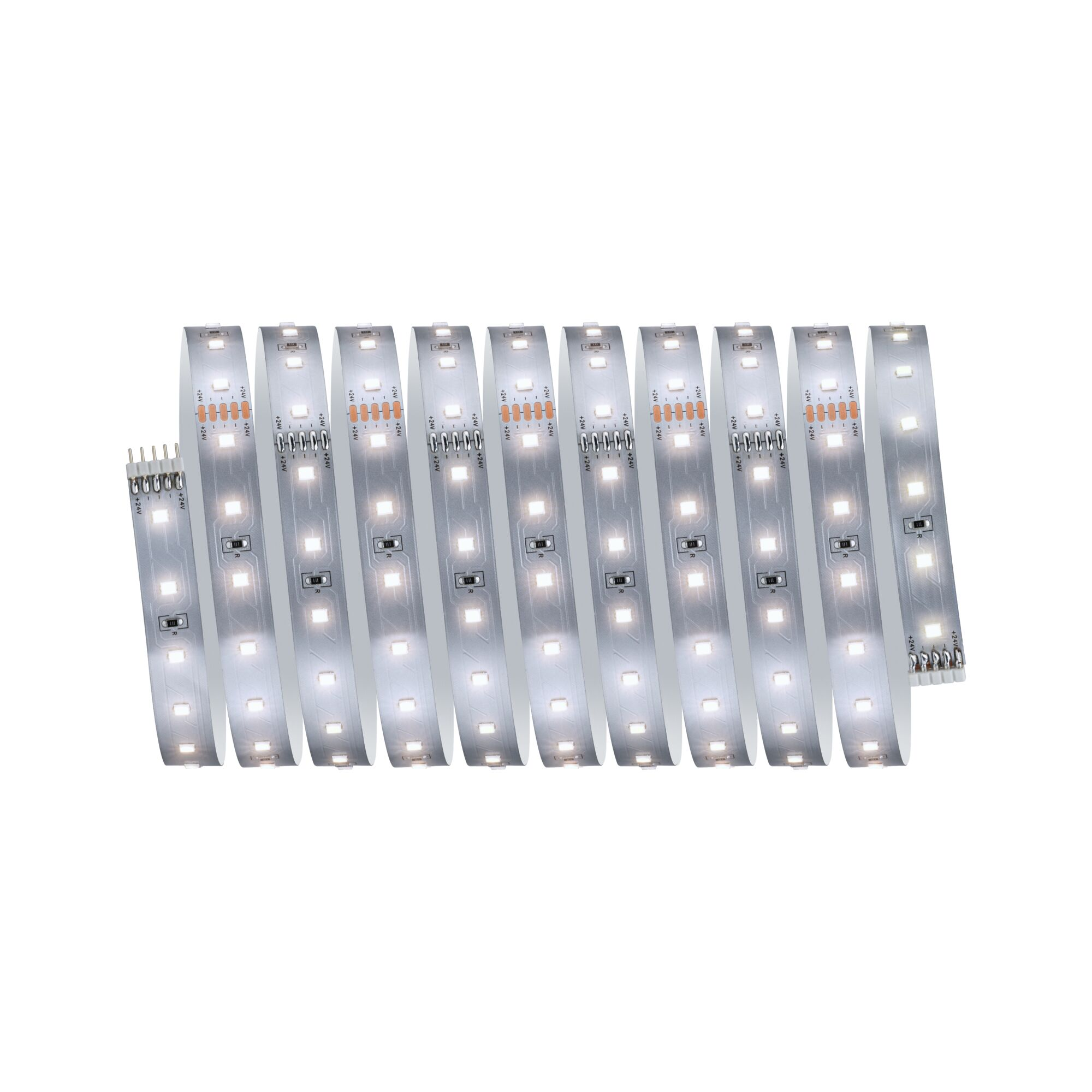 Reihe von weißen LED-Streifen mit silbernen Kontakten, auf weißem Hintergrund.