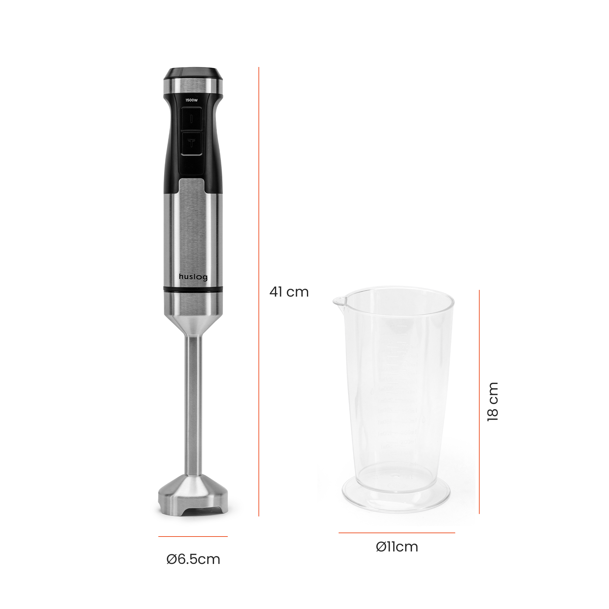 Blender ręczny ze stali nierdzewnej z dzbankiem. Wymiary: 41cm wys., Ø miksera 6,5cm, Ø dzbanka 11cm.