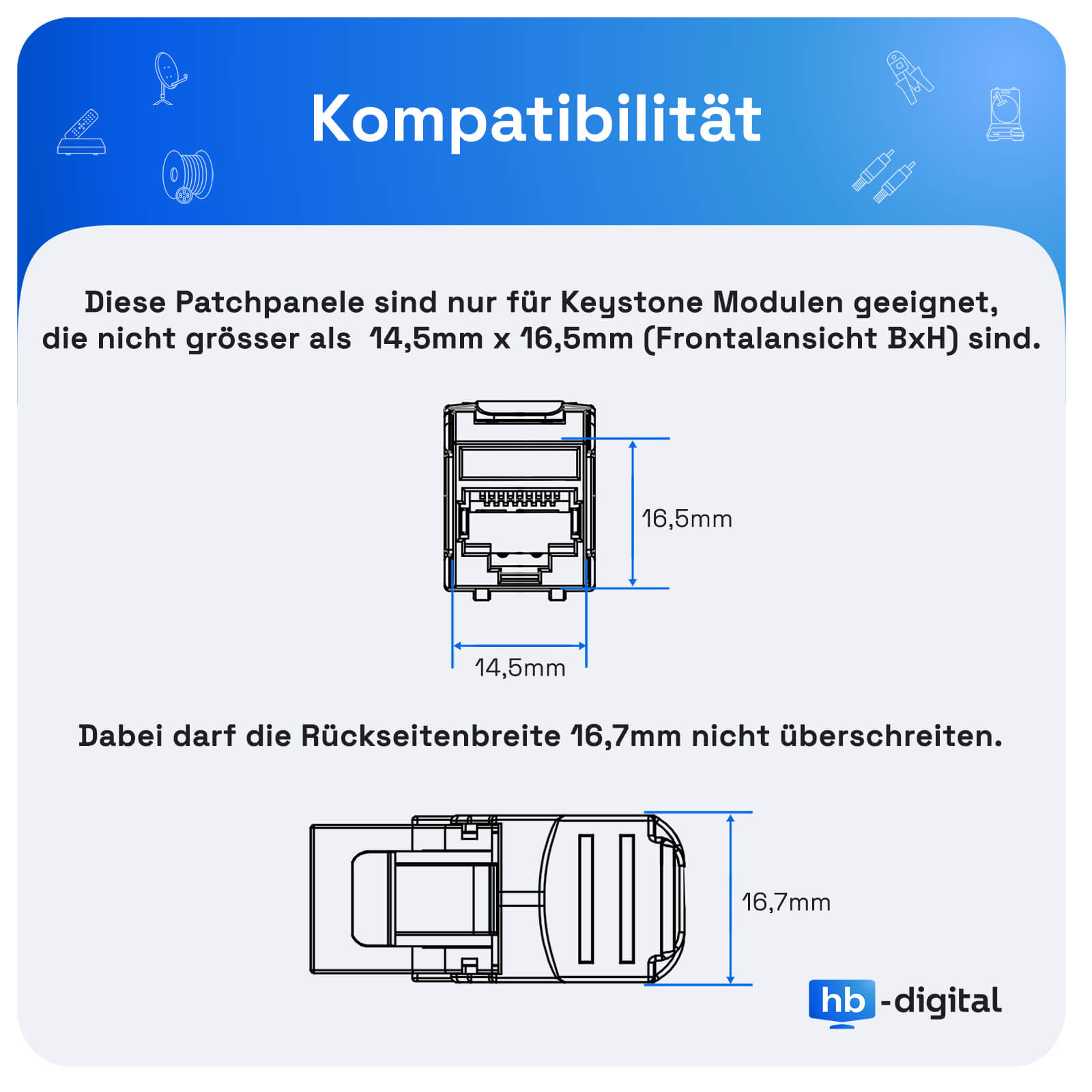 Technische Zeichnung eines Keystone-Moduls mit Maßen 14,5mm x 16,5mm.