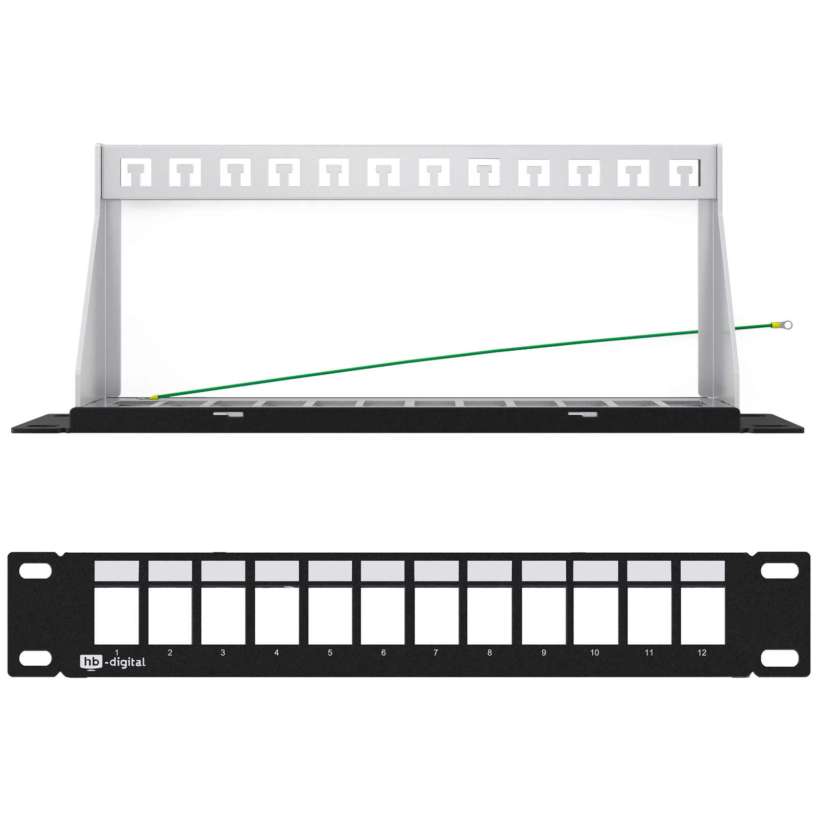Netzwerk-Patchpanel mit 12 Ports, schwarzem Rahmen und silberner Oberseite.