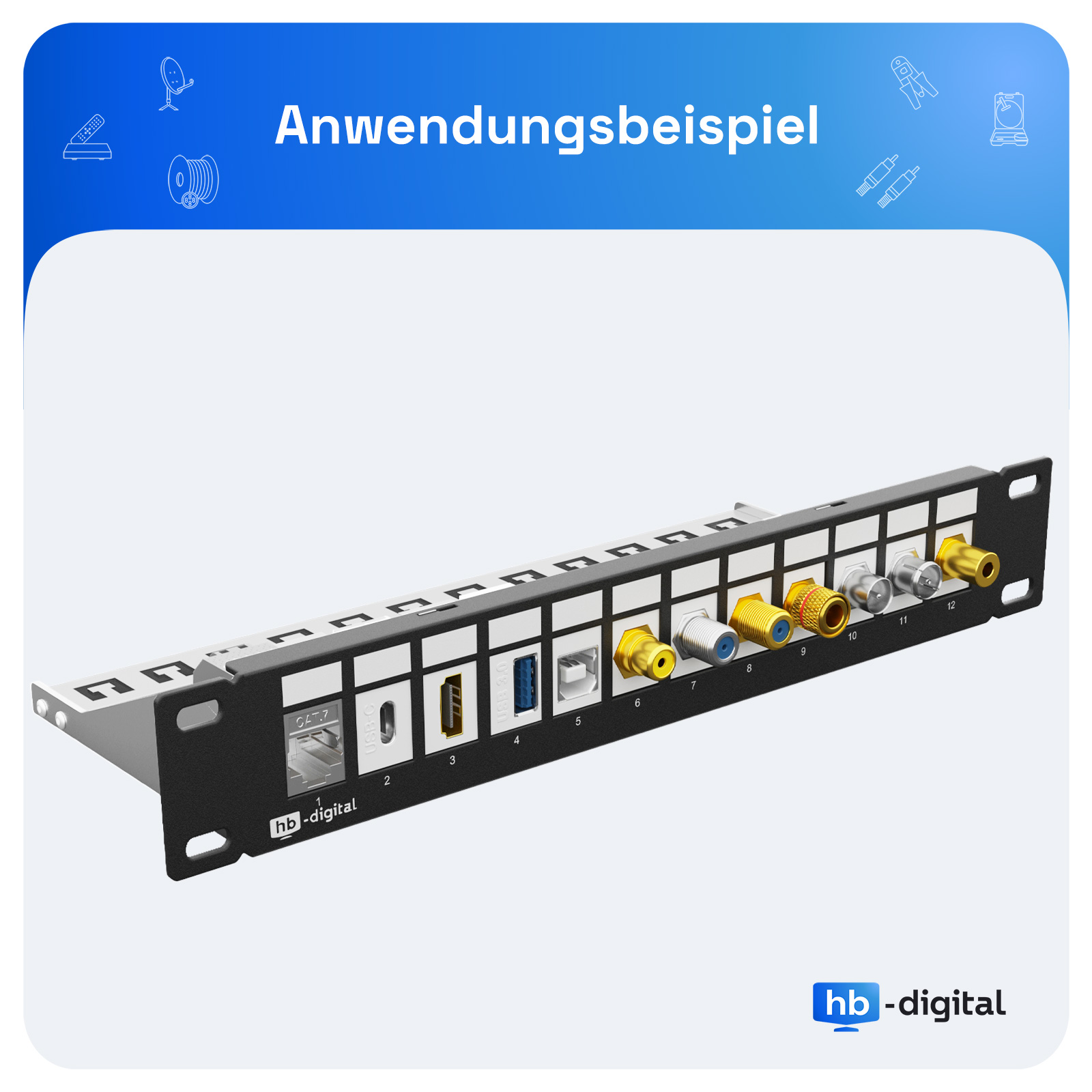 Ein Patchpanel mit verschiedenen Anschlüssen: CAT.7, USB-C, HDMI, USB 3.0, USB und Koaxialanschlüsse.