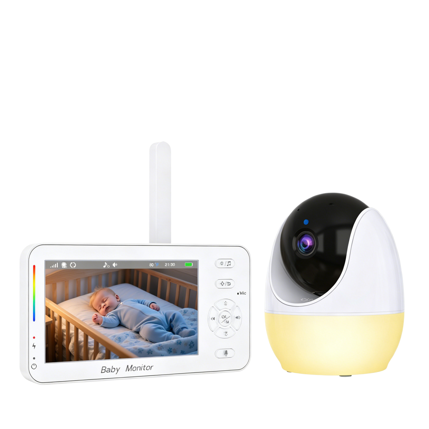 Babyfon mit Kamera: Monitor zeigt Baby, Kamera leuchtet gelb.