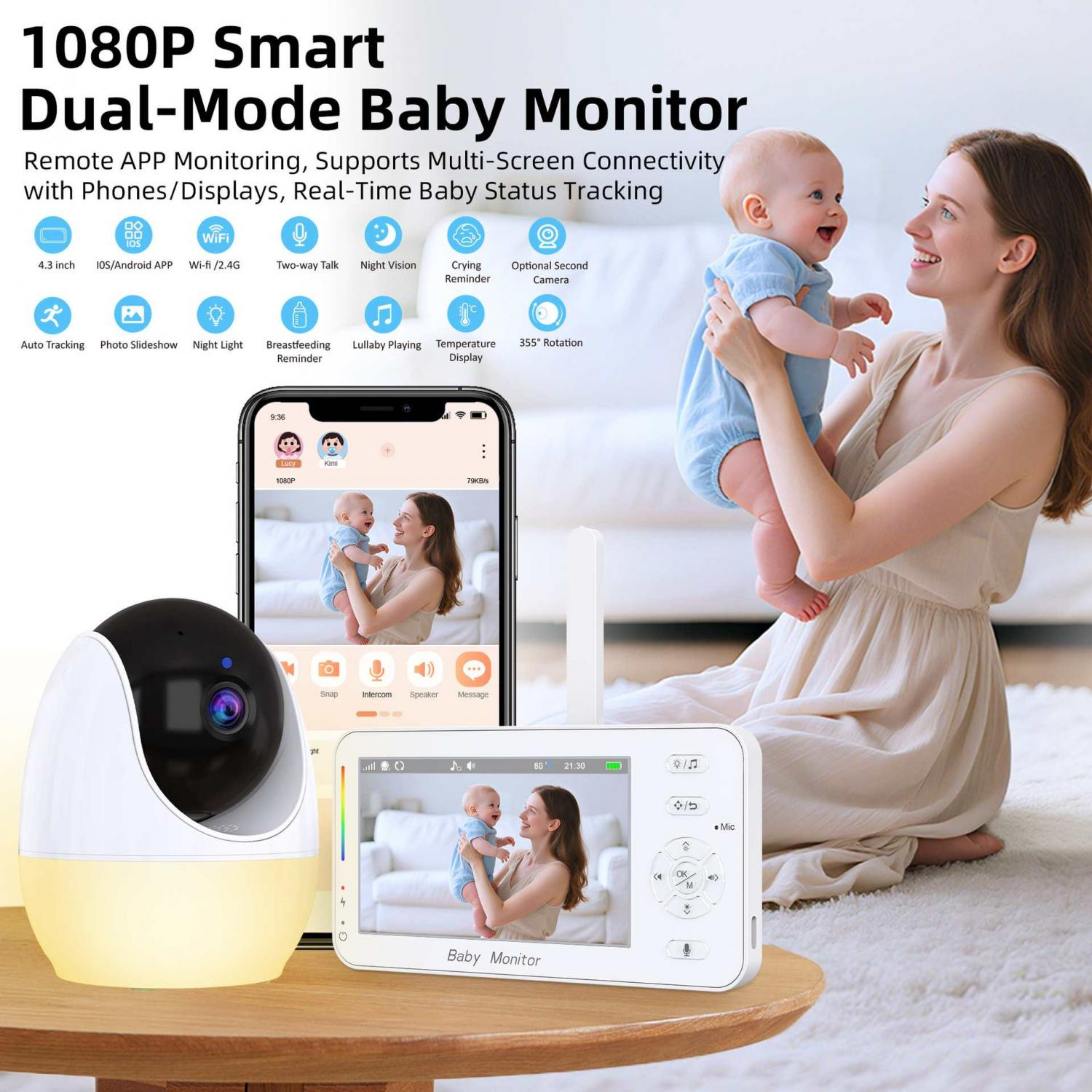 Ein Babyfon-System mit Kamera, Monitor und Smartphone-App wird gezeigt.