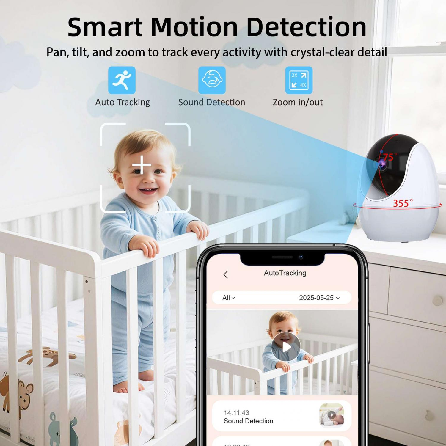 Smarte Bewegungserkennungskamera verfolgt Baby im Kinderbett, auf dem Handy gezeigt.