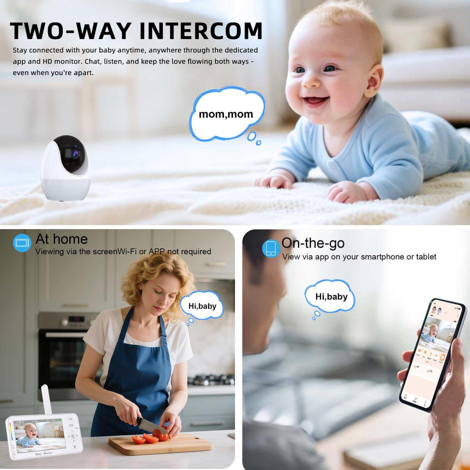 Ein Babyphone-Setup mit Baby, Mutter in Küche und Telefon mit Baby-Anzeige.