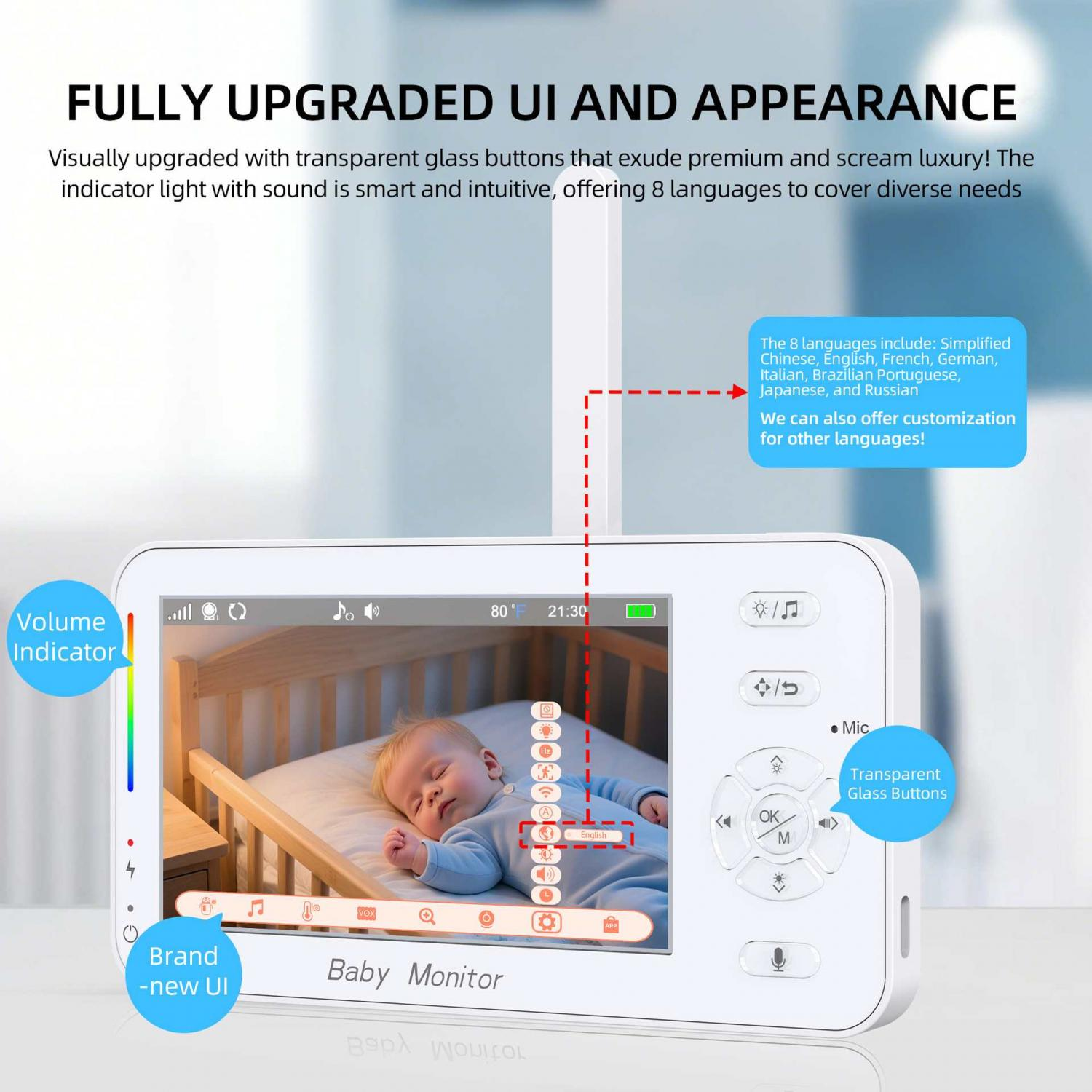Baby Monitor mit Farbdisplay, das ein schlafendes Baby zeigt. Mit Lautstärkeregler.