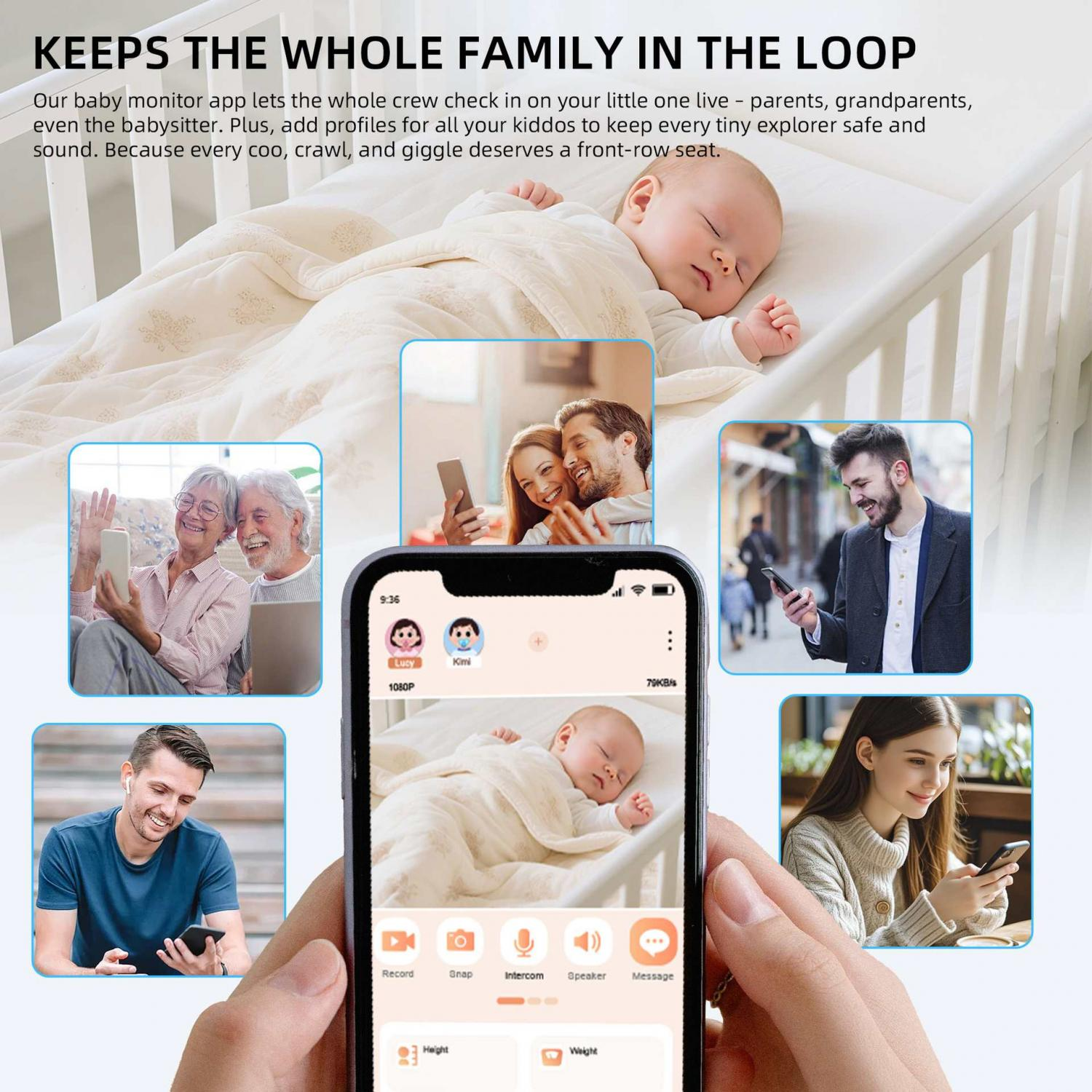 Baby schläft im Bett, Familienmitglieder schauen auf Smartphones.