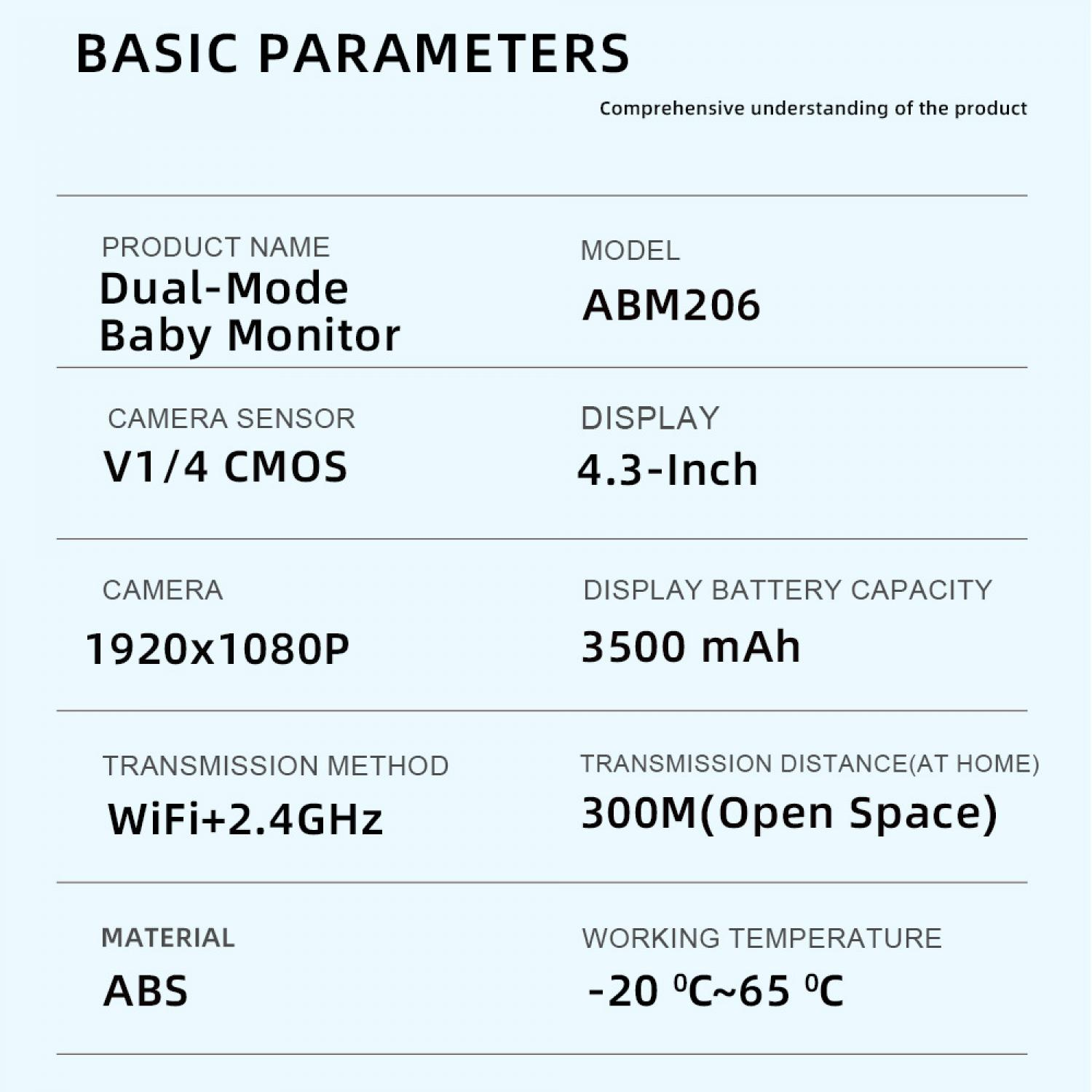 Spezifikationen: Produktname Dual-Mode Baby Monitor, Modell ABM206, Kamera V1/4 CMOS.