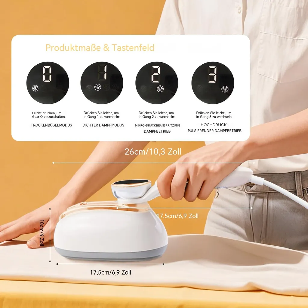 Ein Bügeleisen mit digitalen Einstellungen und Abmessungen wird gezeigt.