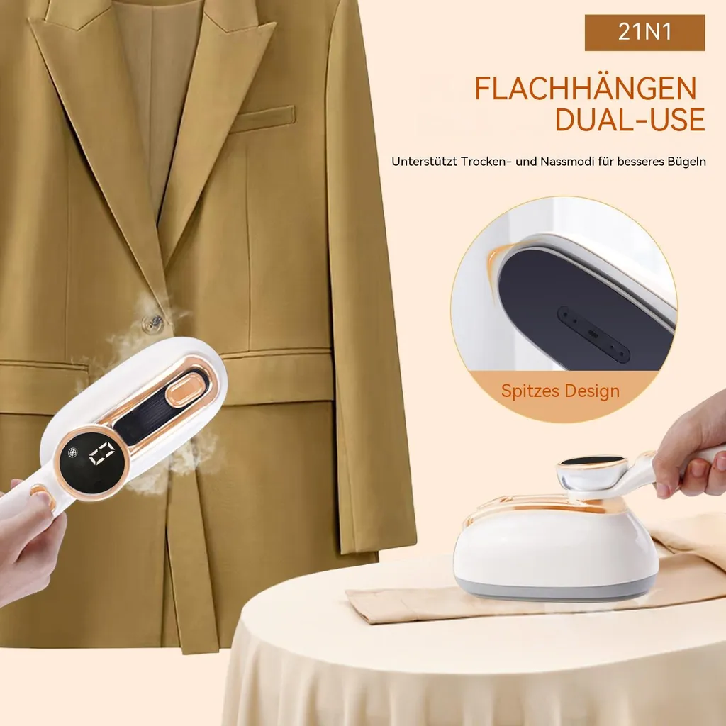Ein Handdampfer wird verwendet, um einen braunen Anzug zu glätten.