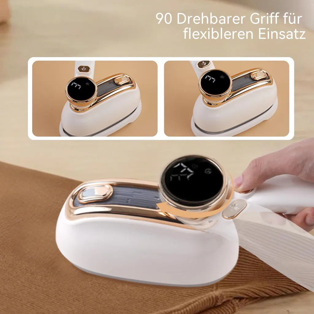 Ein weißer Handdampfbügler mit goldenen Akzenten und einem digitalen Display.