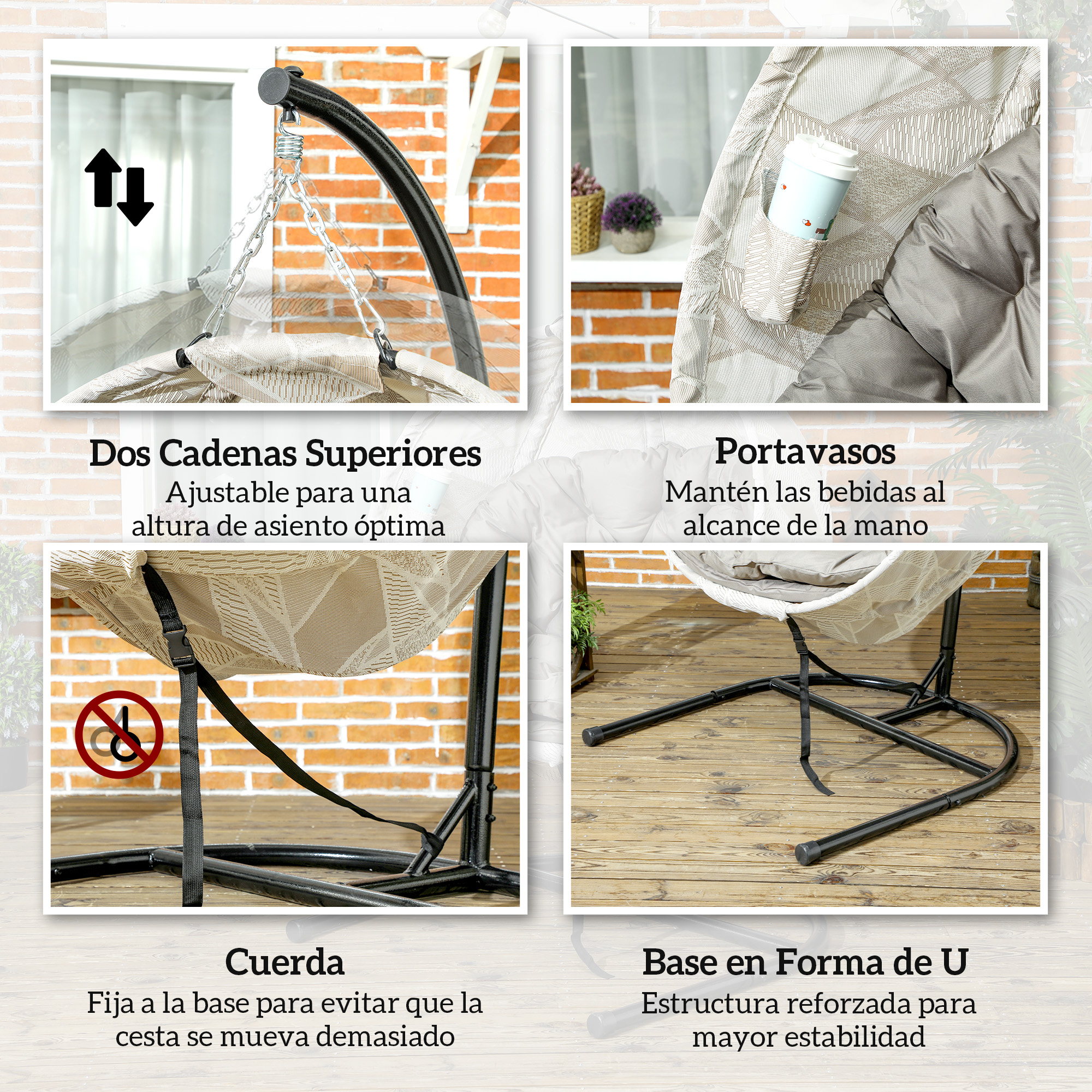 Detalles de silla colgante: cadenas, portavasos, cuerda, base en U.